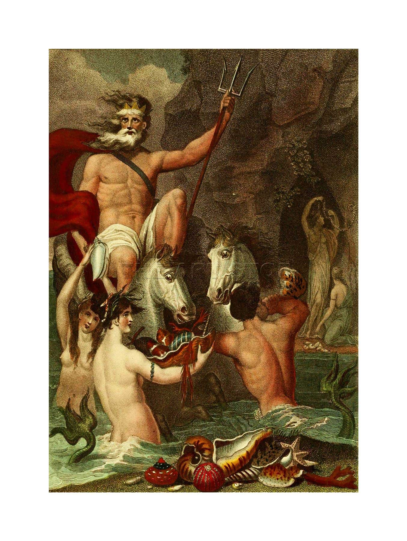 Wee Blue CooPainting Poseidon Neptune Trident Ocean Mermaids Picture Wall Art Print