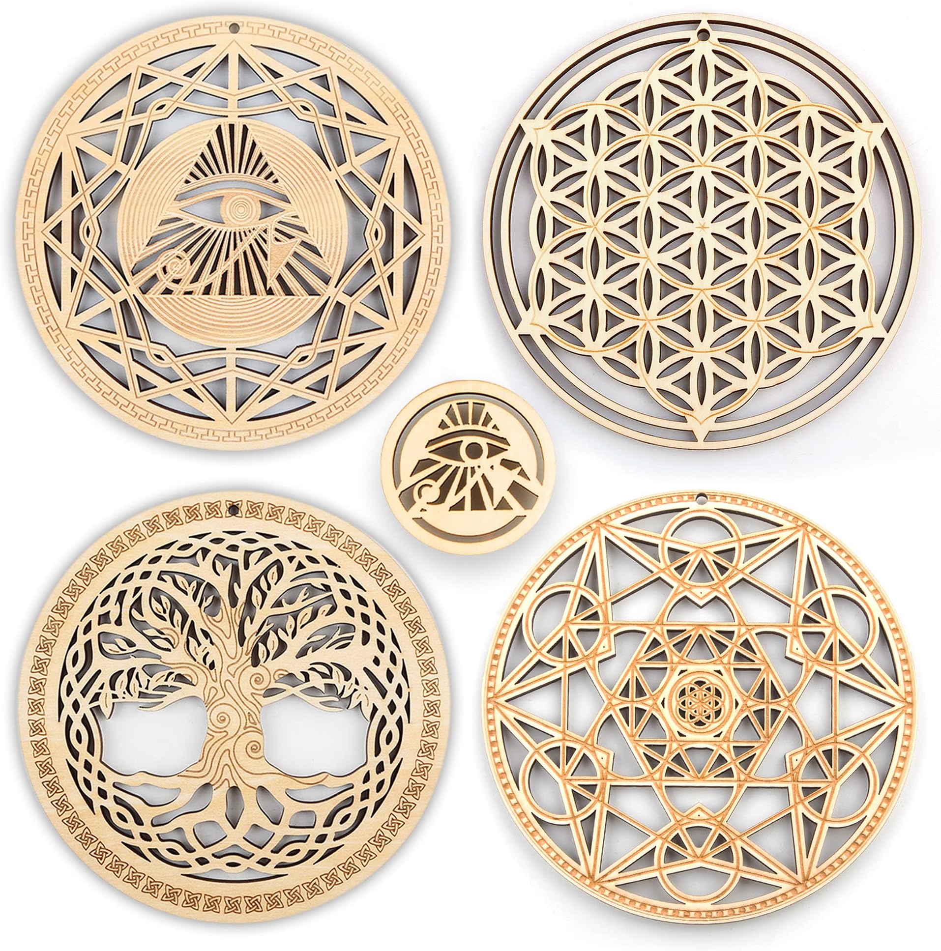Qallicon 5.31" Sacred Geometry Wall Art 4 PCS Set, (The Eye of Horus, The Flower of Life, The Tree of Life, Metatron's Cube) Crystal Grid Meditation Chakra Wooden Wall Art Yoga Decor Spiritual Gifts