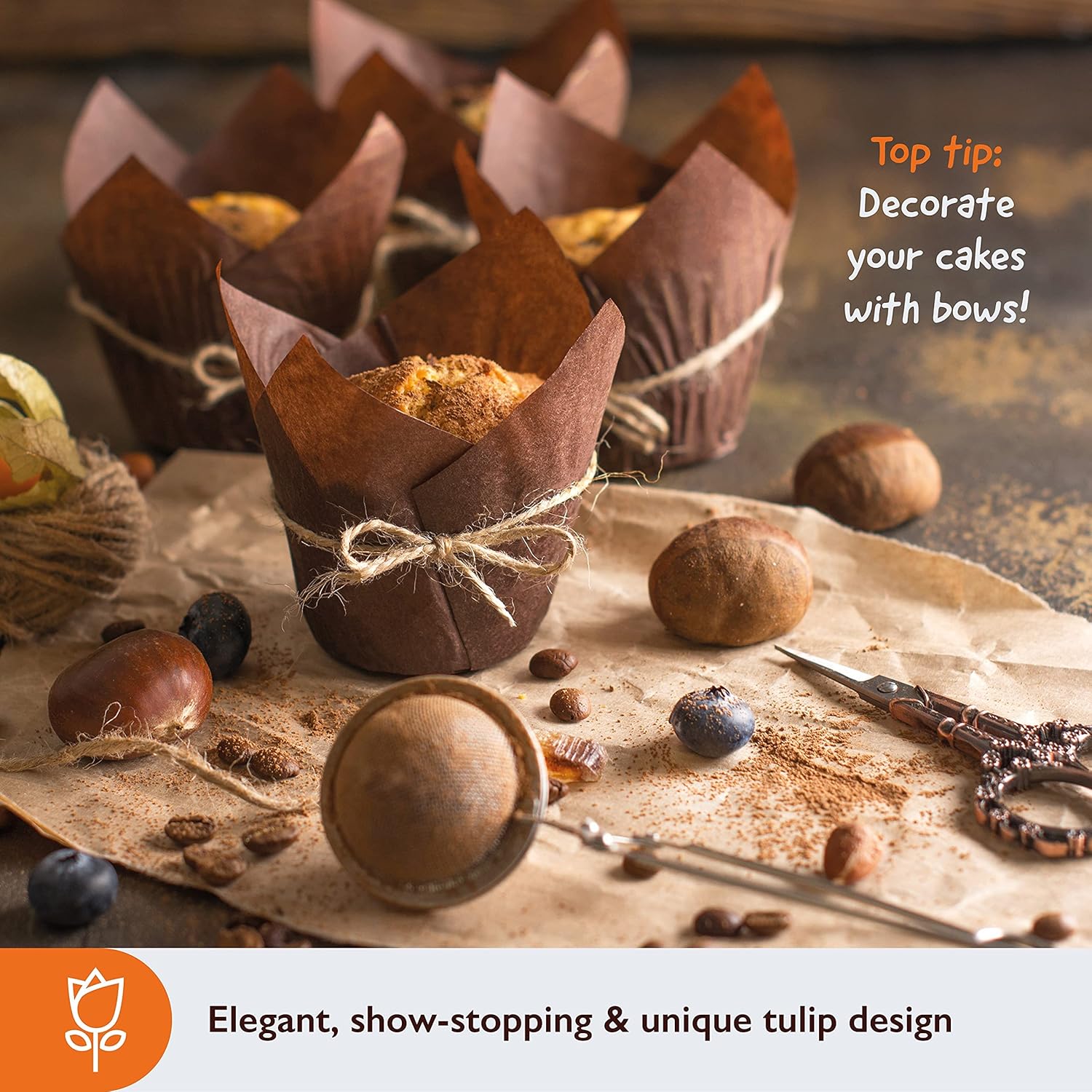 Deera Brown Tulip Cupcake Liners – Muffin Paper Moulds for Elegant Baking (Brown Pack of 50)