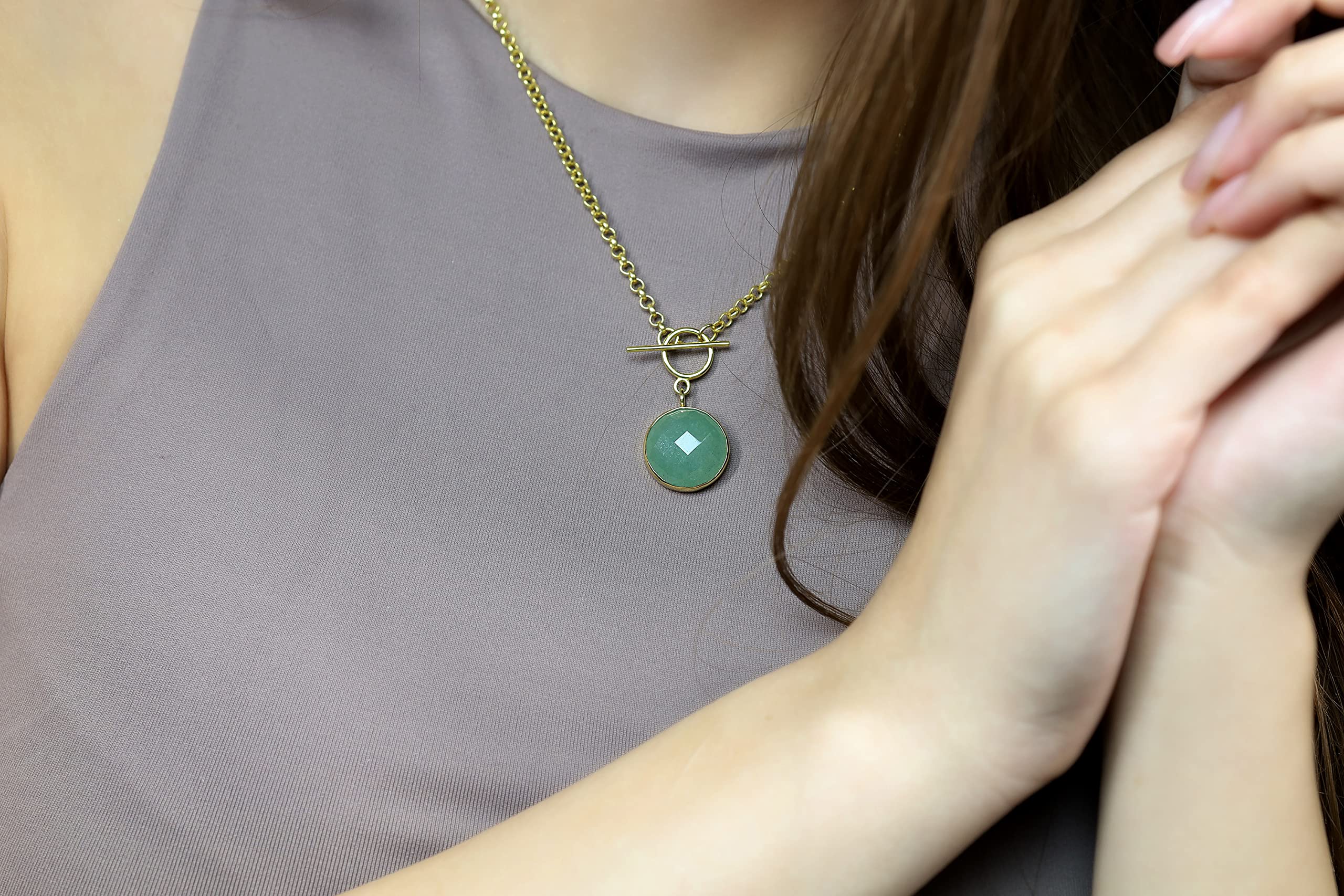 Aventurine Verte Collier Pendentif T-Lock - Pendentif à Breloque en Or - Résistant à la Ternissure - Pierre Précieuse Ronde Taillée en Rose - Couleur Verte Etonnante - Propriétés Minérales