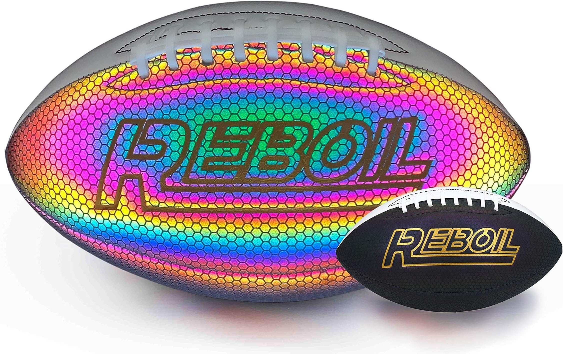 REBOIL Holographic Glowing Football ( Size 7 Kids & Youth, Size 9 Junior & Pro) –Light Up with Camera Flash–Advance Reflective Composite Leather - HoloHoops Gifts Toys for Girls & Boys