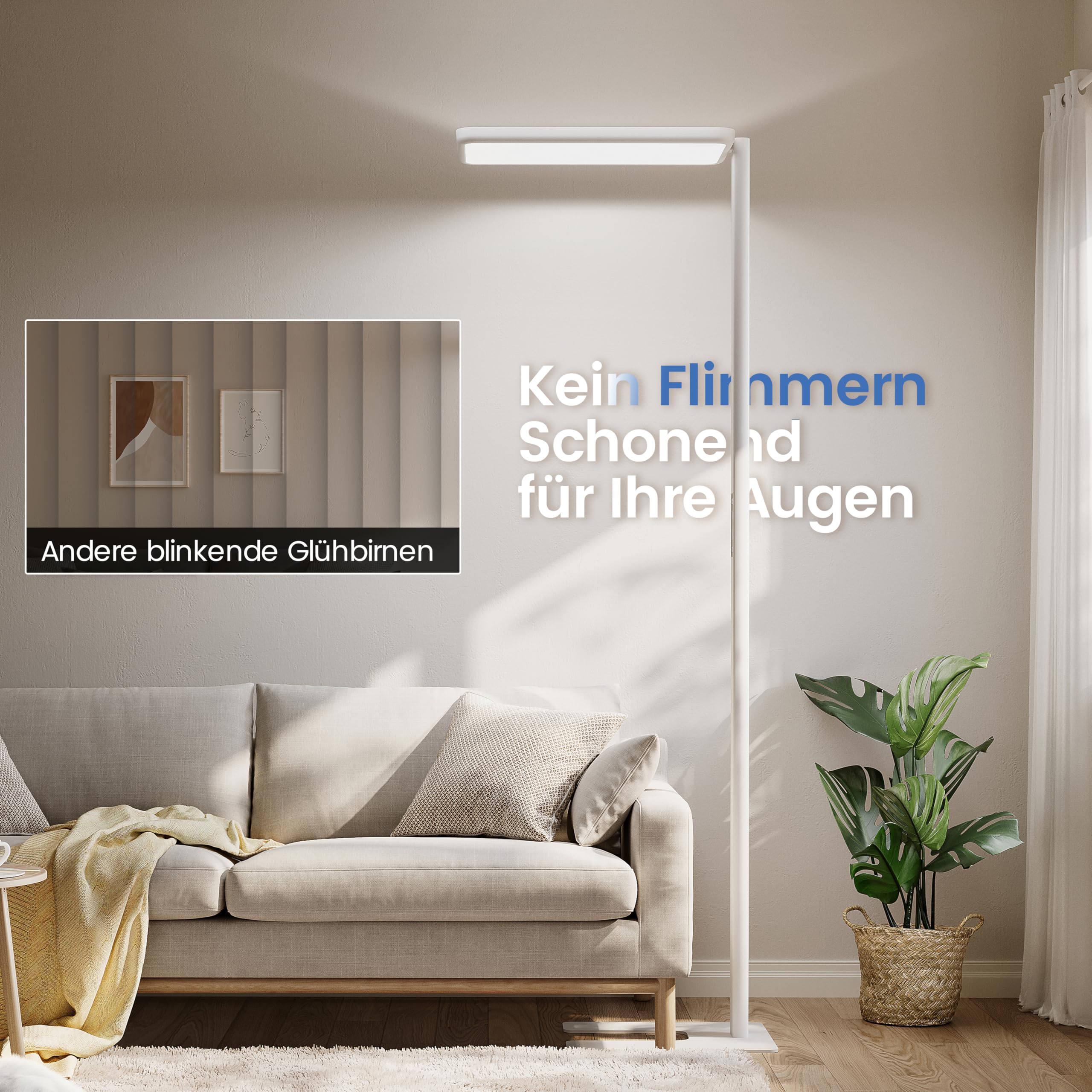 Büro Stehlampe – UGR<16, CRI>98, 6600lm, Vollspektrum | 198cm Büro Stehlampe | UGR<16 + CRI>98 | 6600lm Vollspektrum 4000K | 2 Lichtquellen getrennt dimmbar | Touch + Memory | Weiß