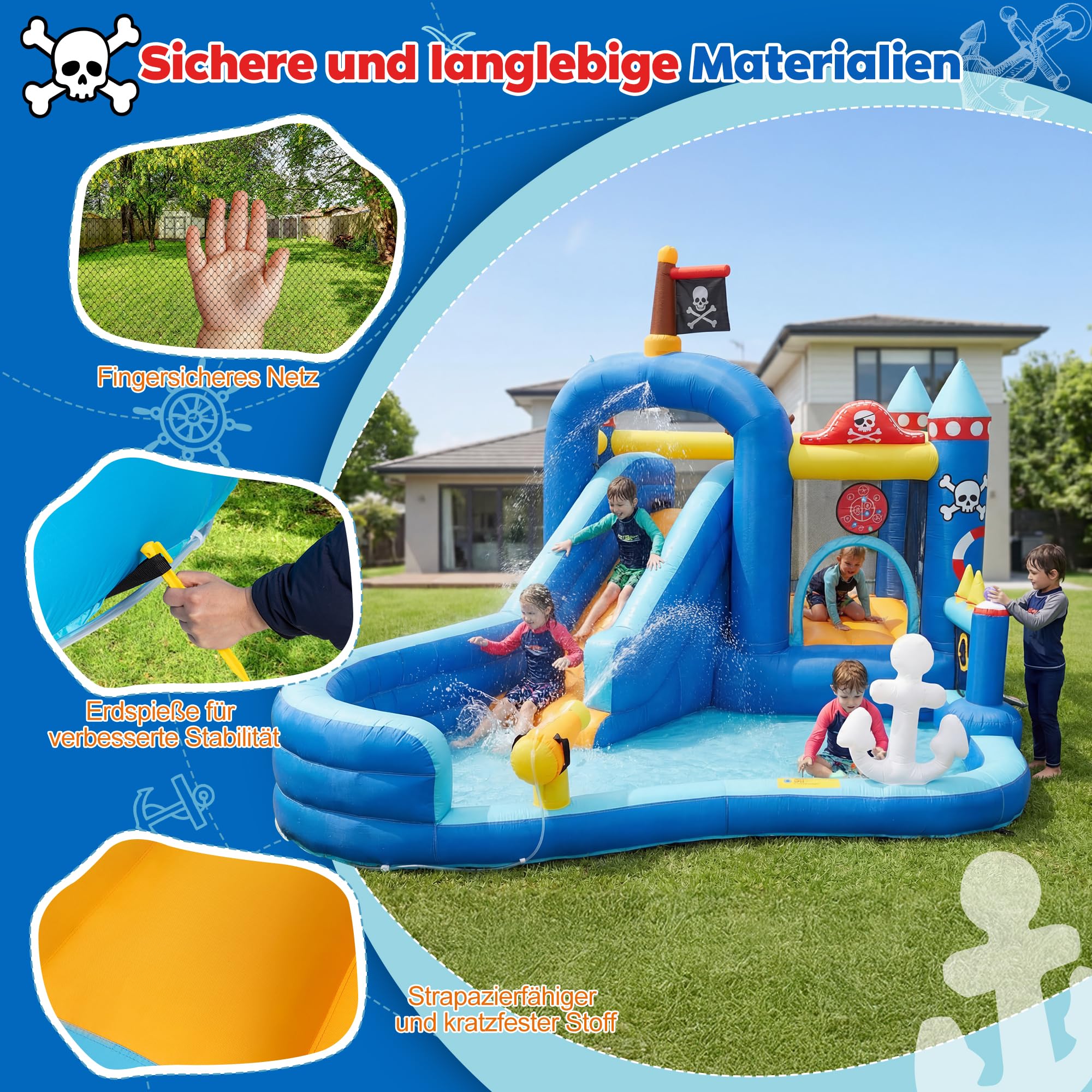 UEV Aufblasbare Hüpfburg XXL Indoor & Outdoor mit Gebläse 450W, EN71-1/2/3 | extra breiter Wasserrutsche, für Kleinkinder (3-8Jahre), Kindergeburtstag, 444x348x260 cm