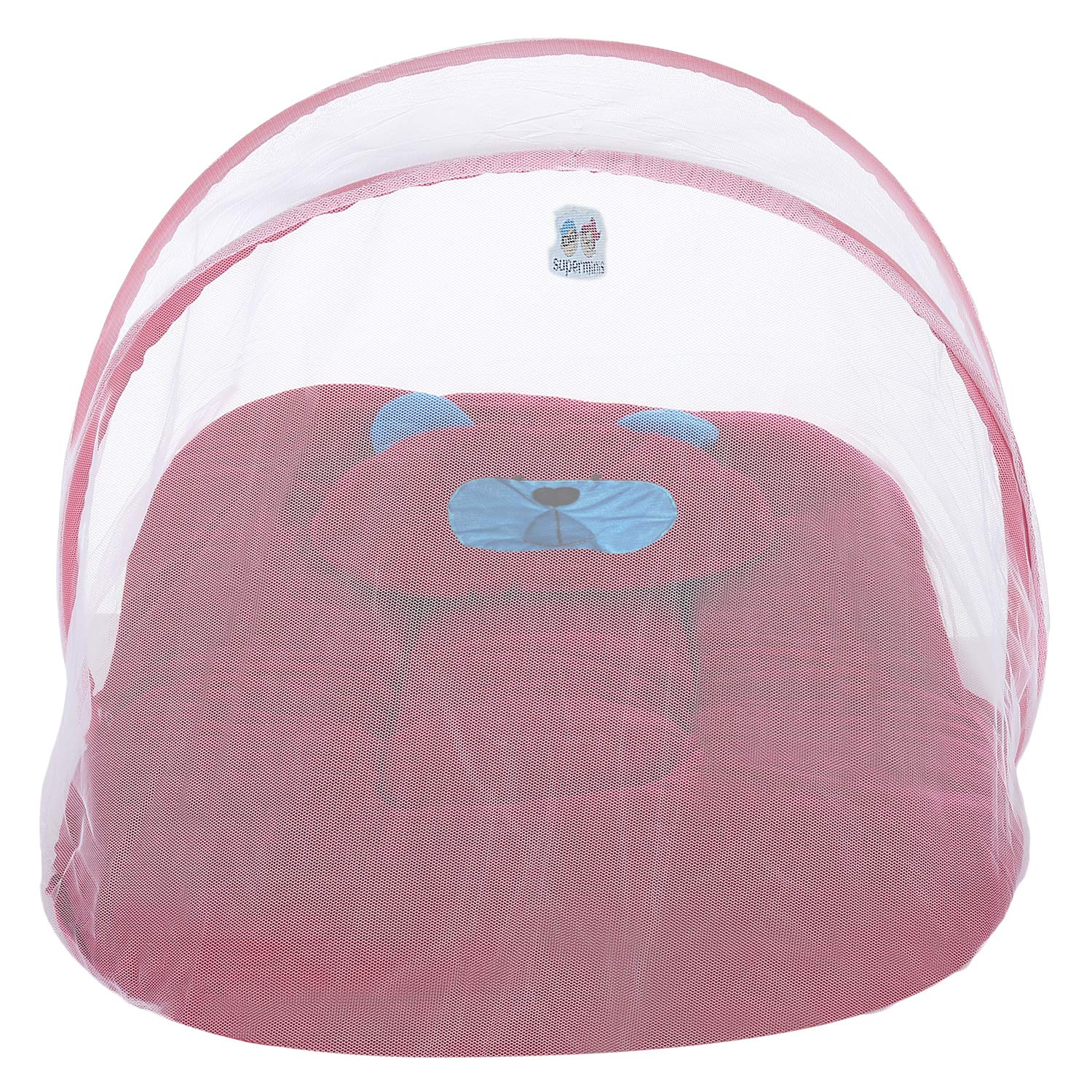 Superminis Soft Plain Velvet Baby Bedding Set Thick Base, Foldable Mattress, Bear Face Pillow and Elastic Closure Mosquito Net (12-18 Months, Magenta)