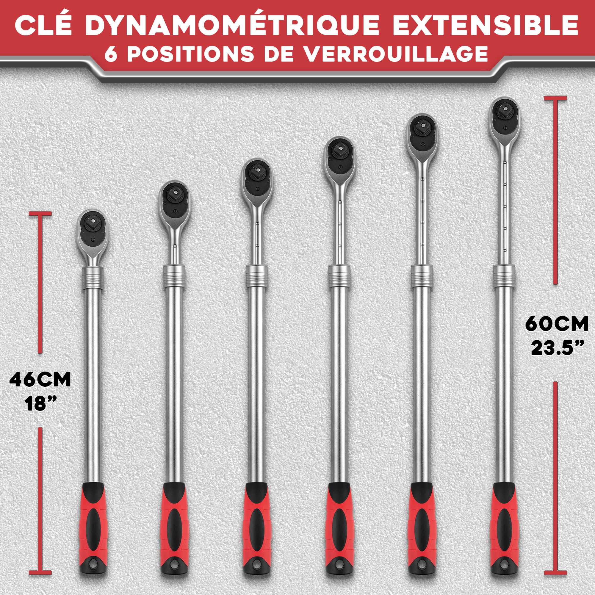 Cliquet télescopique - 1/2 pouce d'entraînement, 72 dents - poignée extensible 46-60 cm - Avec 6 postes de verrouillage - couple 660 Nm
