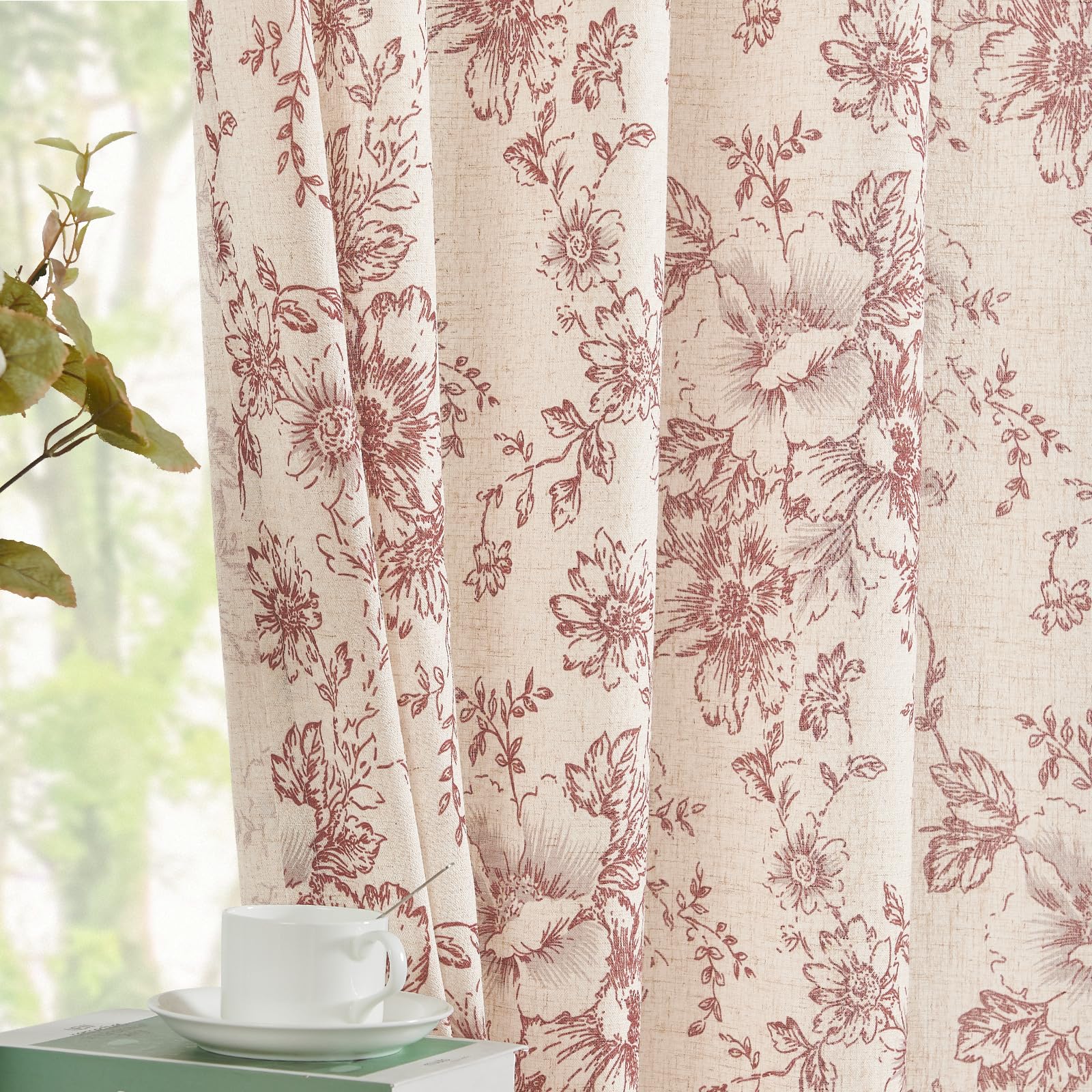 Topick Linen Blend Floral Curtains for Living Room 84 Inch Length Red Printed Rod Pocket Cottage Core Back Tab Farmhouse Peony Patterned Drapes Bedroom Window Treatment 2 Panel Set