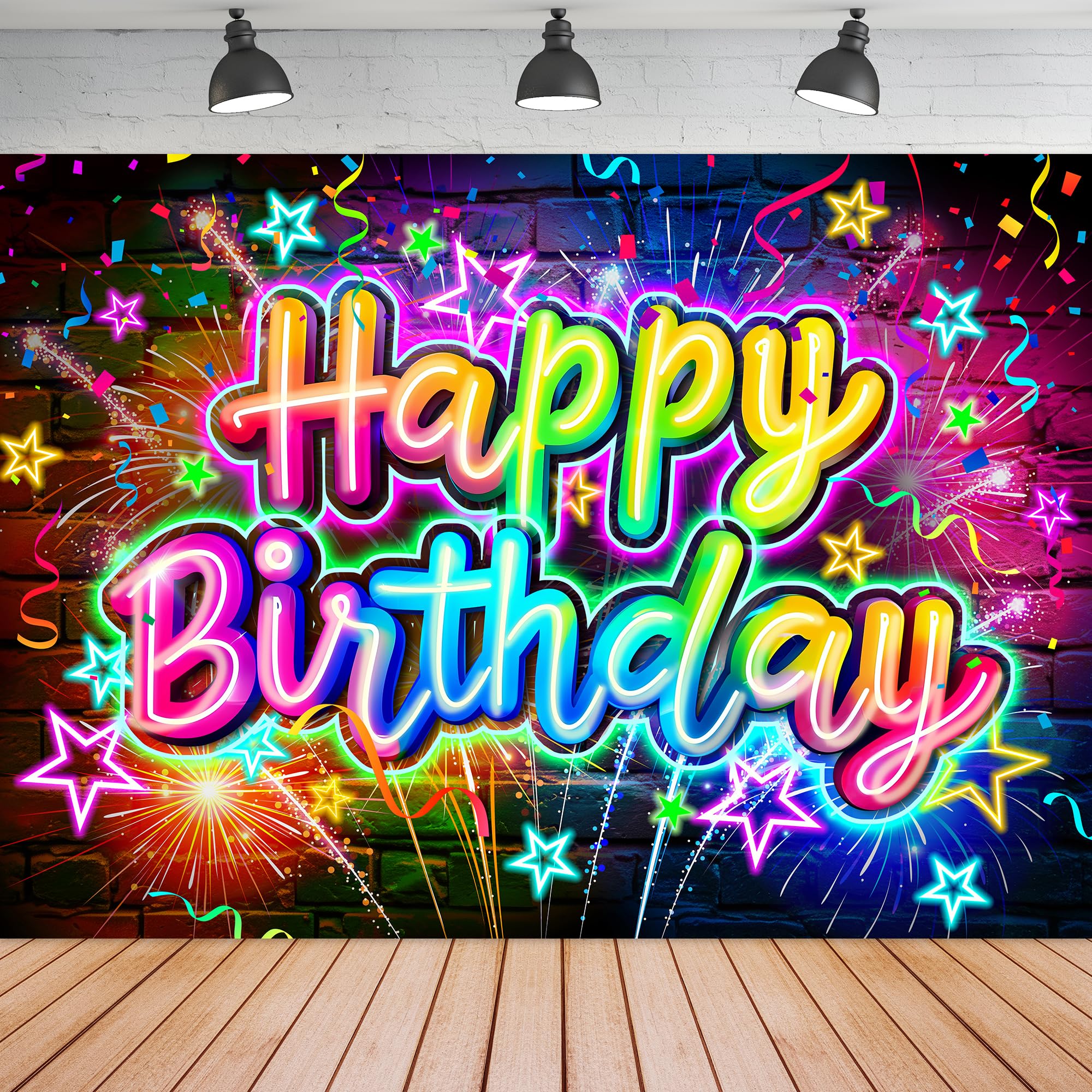 Ufeela Neon Happy Birthday Backdrop 7Wx5H Feet Fabric Polyester Funny Brick Wall Colorful Graffiti Fireworks Splatter Modern Cool Photography