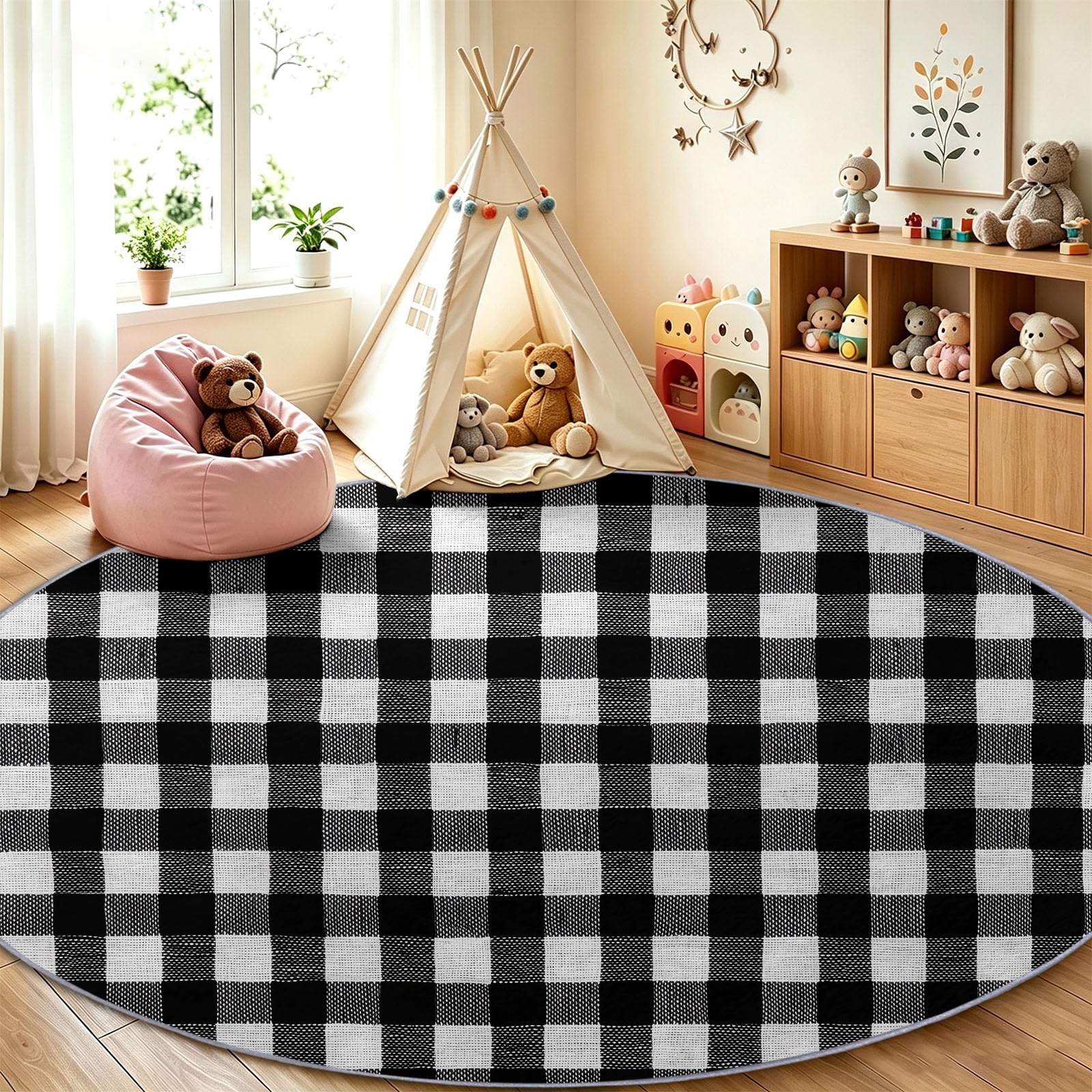 Tappeto rotondo con motivo a scacchi bianco e nero, minimalista, alla moda, 200 cm, per soggiorno, camera da letto, morbido e senza pelucchi, antiscivolo, sottile e leggero