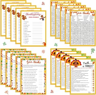 50pcs Thanksgiving Trivia Party Game Cards-Autumn Gold Thanksgiving Games Holiday Party Favor Supplies Word Search Scramble Bingo Pictionary Matching Game Cards Set (No Answer)