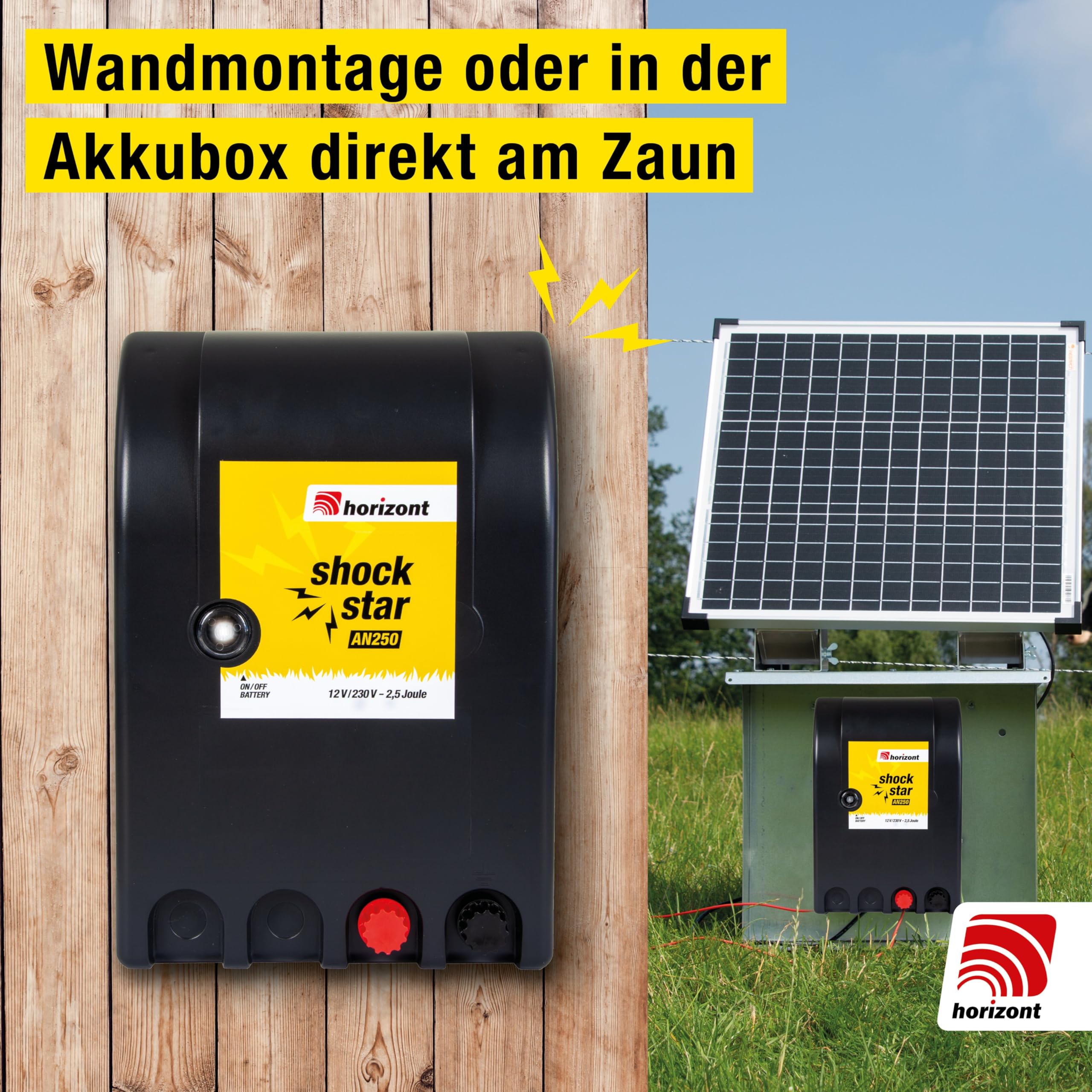 horizont Weidezaungerät AN250 12/230V, 2,5J, 11000V für Zäune bis 18km | für 10x 50m Netze, mit Stromsparschaltung, ideal für Pferd, Rind, Schwein, Schaf