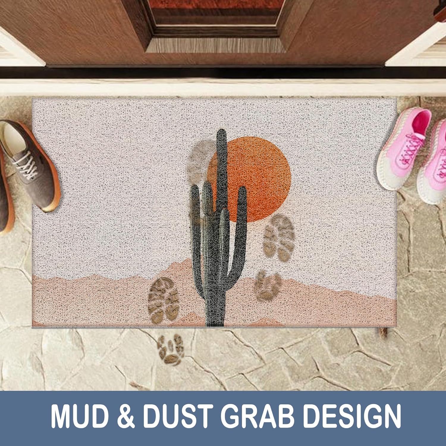 Boho Western Cactus Desert Sun Door Mat, Western Boho Doormat Non-Slip for Front Door Porch Indoor Outside Entrance Entryway, Mid Century Southwestern Nature Landscape Welcome Mat, 17x30 Inch