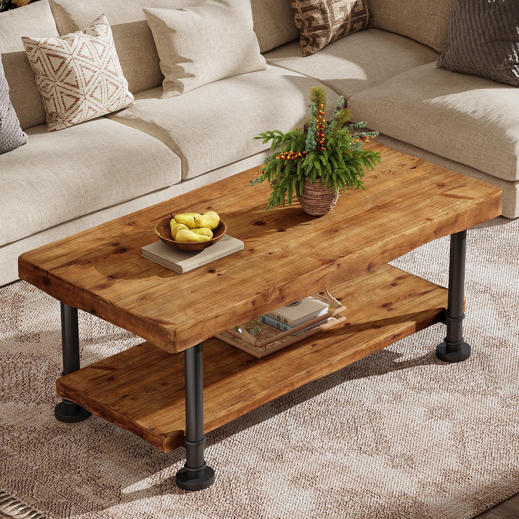 Tribesigns Meseta de Centro Estilo Granja, Mesa de café de Madera con Almacenamiento, Estante de 2 Niveles con Borde Vivo, Patas de Metal, Mesa Central Rectangular de 47" para Sala de Estar, salón