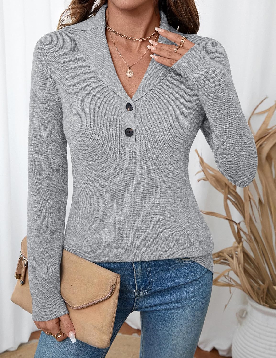 LOMON Sweaters for Women 2025 Fall Knitted V-Neck Collared Button Pullover Dressy Casual Long Sleeve Polo Shirts Business - Image 5