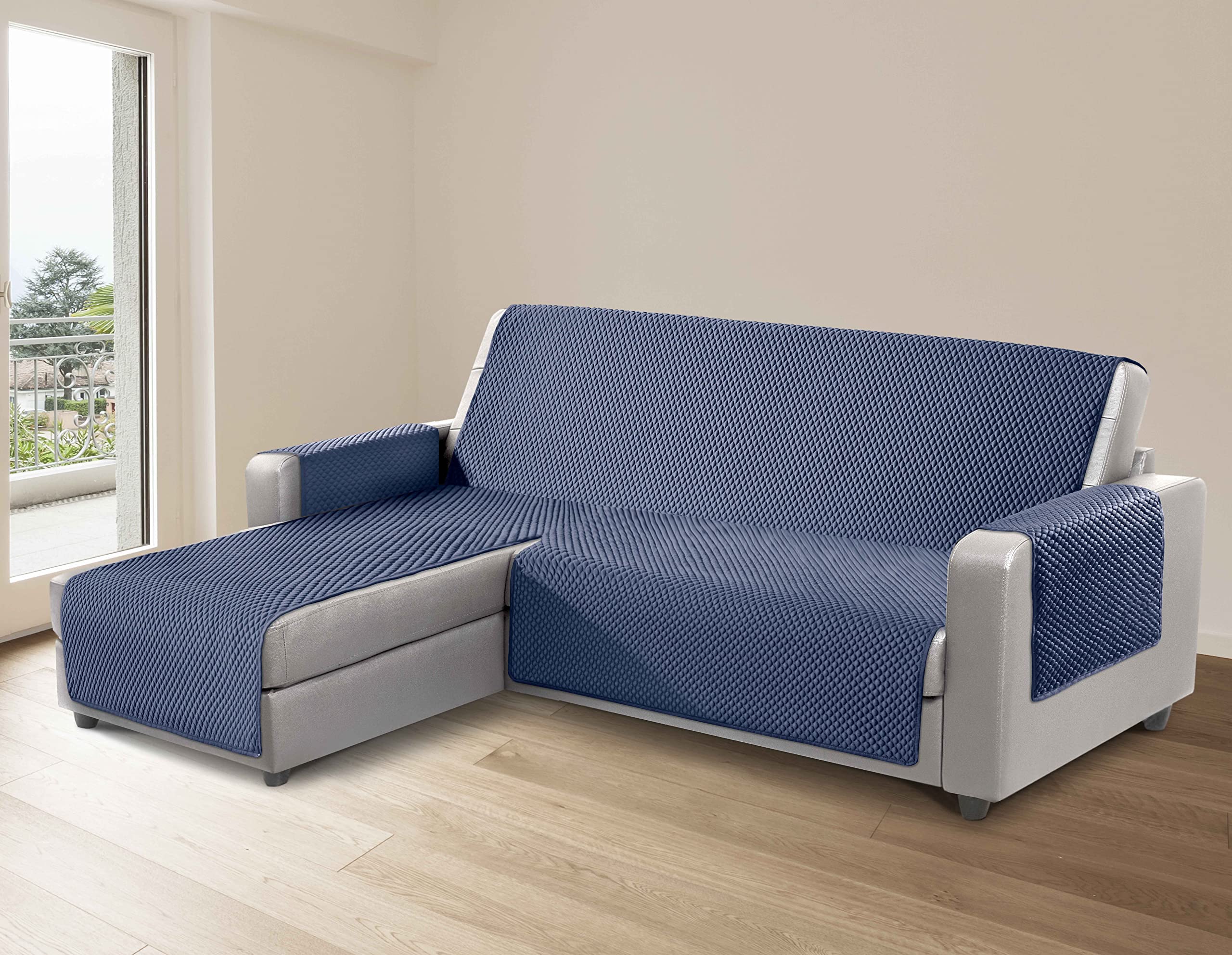 Tata Home Copridivano con penisola Destra Chaise Longue Cover Sofa Salvadivano Trapuntato Tinta Unita 3 Posti Seduta 240 cm Colore Blu Sphere