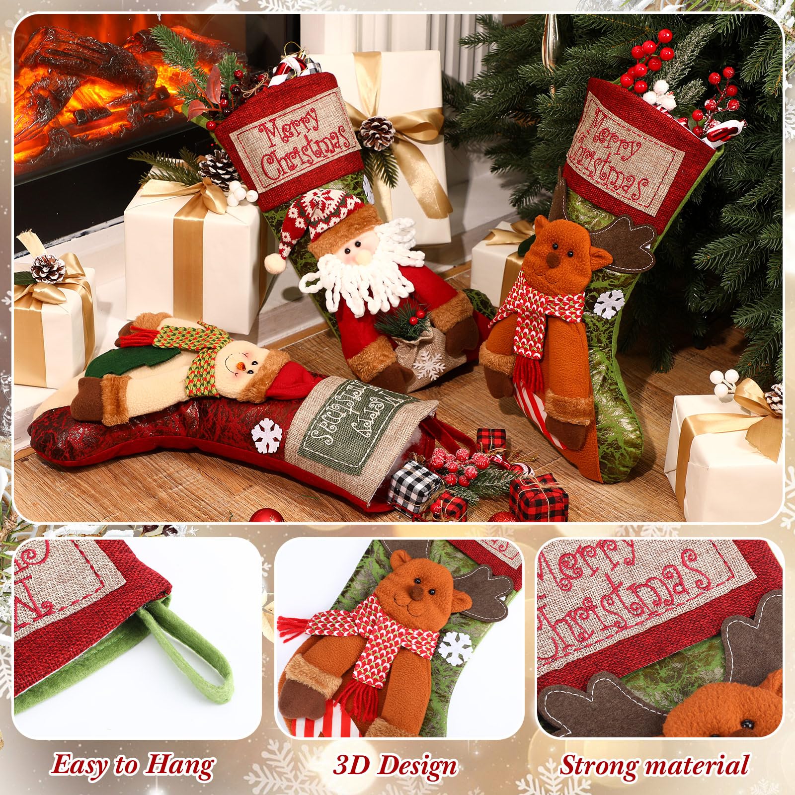 Lyrow Confezione da 6 calze di Natale da 48 cm, calze natalizie 3D con Babbo Natale e gnomo per Natale a quadri, grandi calze per vacanze in famiglia, regali di Natale, decorazioni (stile adorato)