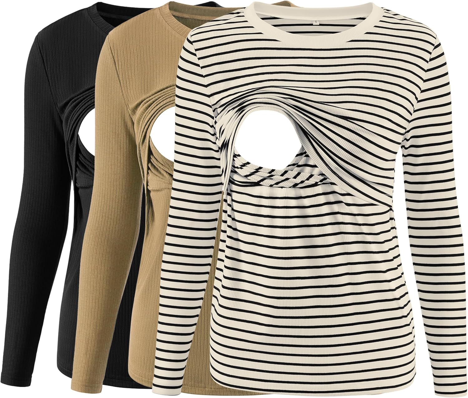 Liu & Qu Women's Nursing Tops Ribbed Long Sleeves Maternity Shirts Double Layer Breastfeeding Shirts Pregnancy Clothes 3 Pack