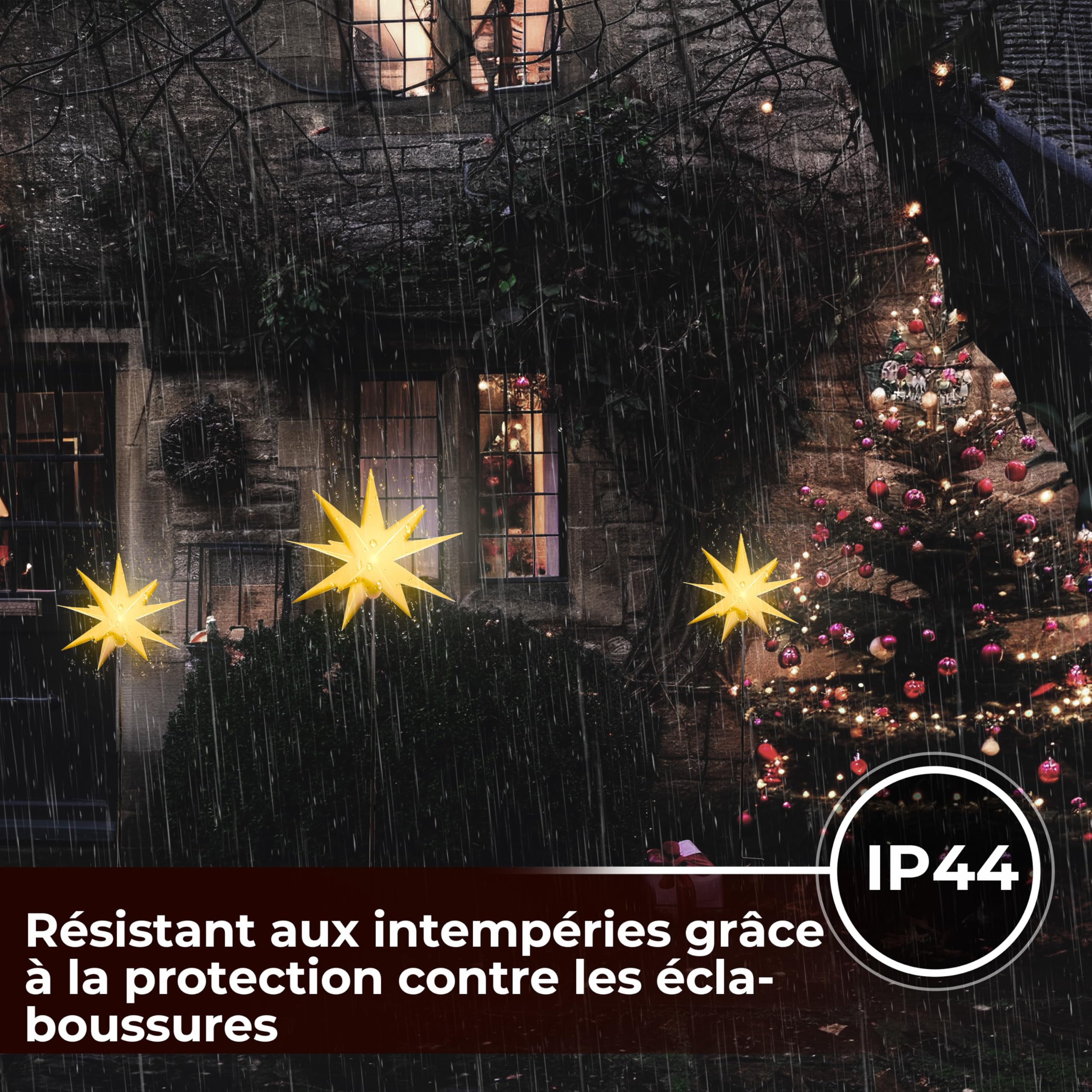 Etoile Lumineuse 3D avec éclairage LED | Set de 3 avec Piquet de Terre | Jaune | Ø 27 cm | Etoile 3D | résistant aux intempéries | Décoration de Jardin | Etoile de Noël | avec minuterie | sur Piles