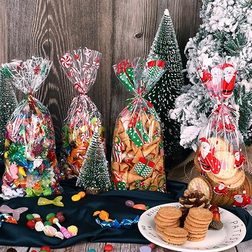 Miniatura 6 de Boao 100 bolsas de cono de Navidad de 4.9 x 10.8 in, bolsas transparentes para dulces, bolsas de conos de celofán con lazos para suministros de