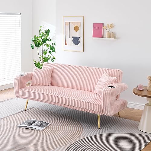 Miniatura 3 de Sofá cama convertible tapizado de pana con portavasos, sofá cama futón con 3 respaldos reclinables y almohadas, sofás modernos y cómodos para sala