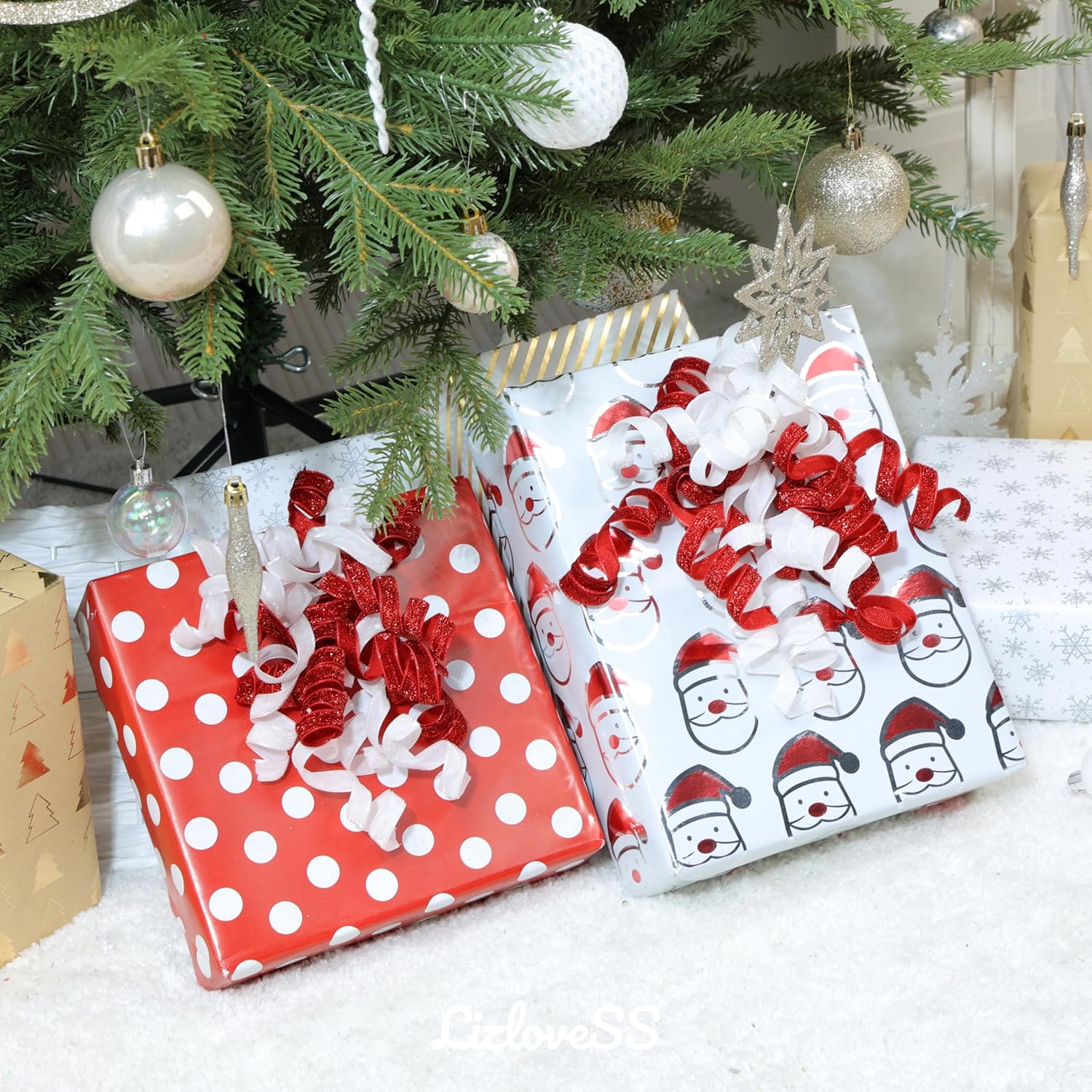 6" Metallic Glitter Red and White Self Adhesive Curly Ribbon Gift Wrap Bows for Christmas, Holiday, Birthday, Wedding, Presents, Party Favors Decorations 6-Count - Image 6