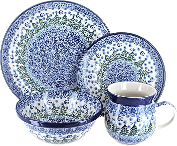 Blue Rose Polish Pottery - Blue Evergreen Magic 16 Piece Dinner Set - 4 Place Settings - Ceramic Dinnerware Set, Unique Christmas Gift & Festive Tableware