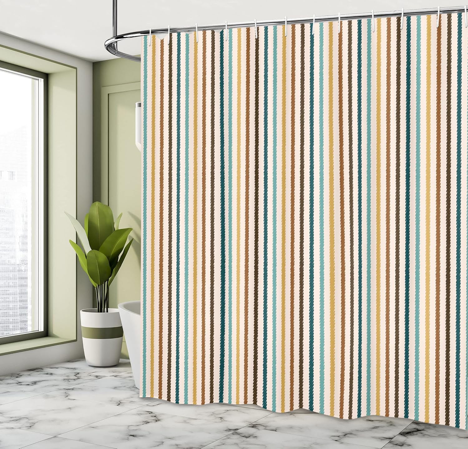 Ambesonne Brown and Blue Shower Curtain, Vertical Stripes Abstract Geometric Scribble Line Pattern Vintage Inspired, Cloth Fabric Bathroom Decor Set with Hooks, 69" W x 75" L, Chocolate Teal Ecru