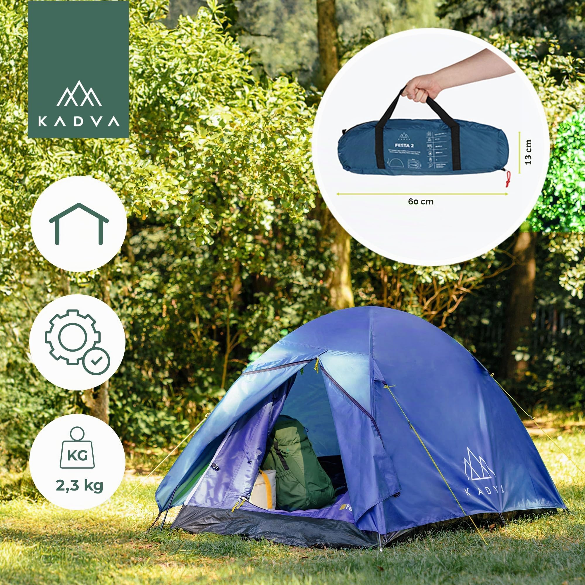 KADVA Campingzelt Festa 2 Zelt 200 x 120 x 105 cm für 2 Personen mit Moskitonetz Wasserdichtes Leichtes und Robustes Fiberglasgestell Ideal für Camping und Wandern
