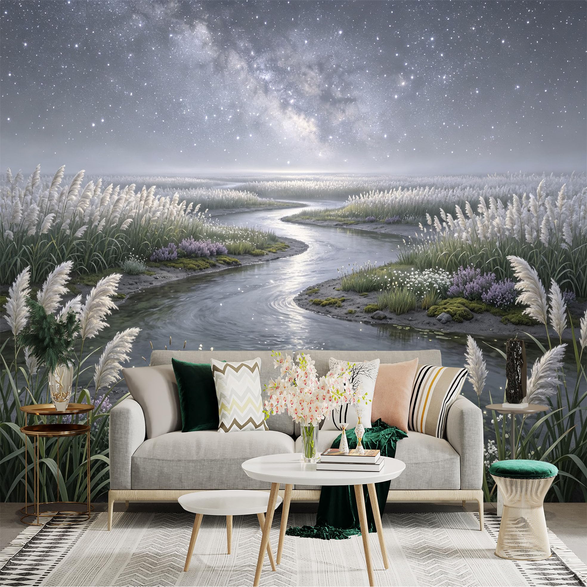 Lnzczhyre Bh260719602 Custom Size Wall Sticker Mural， Milky Way Over River， Wild Reeds And Stones， Serene Night Landscape， For Wall Decoration， Peelandstick Wall Decals.