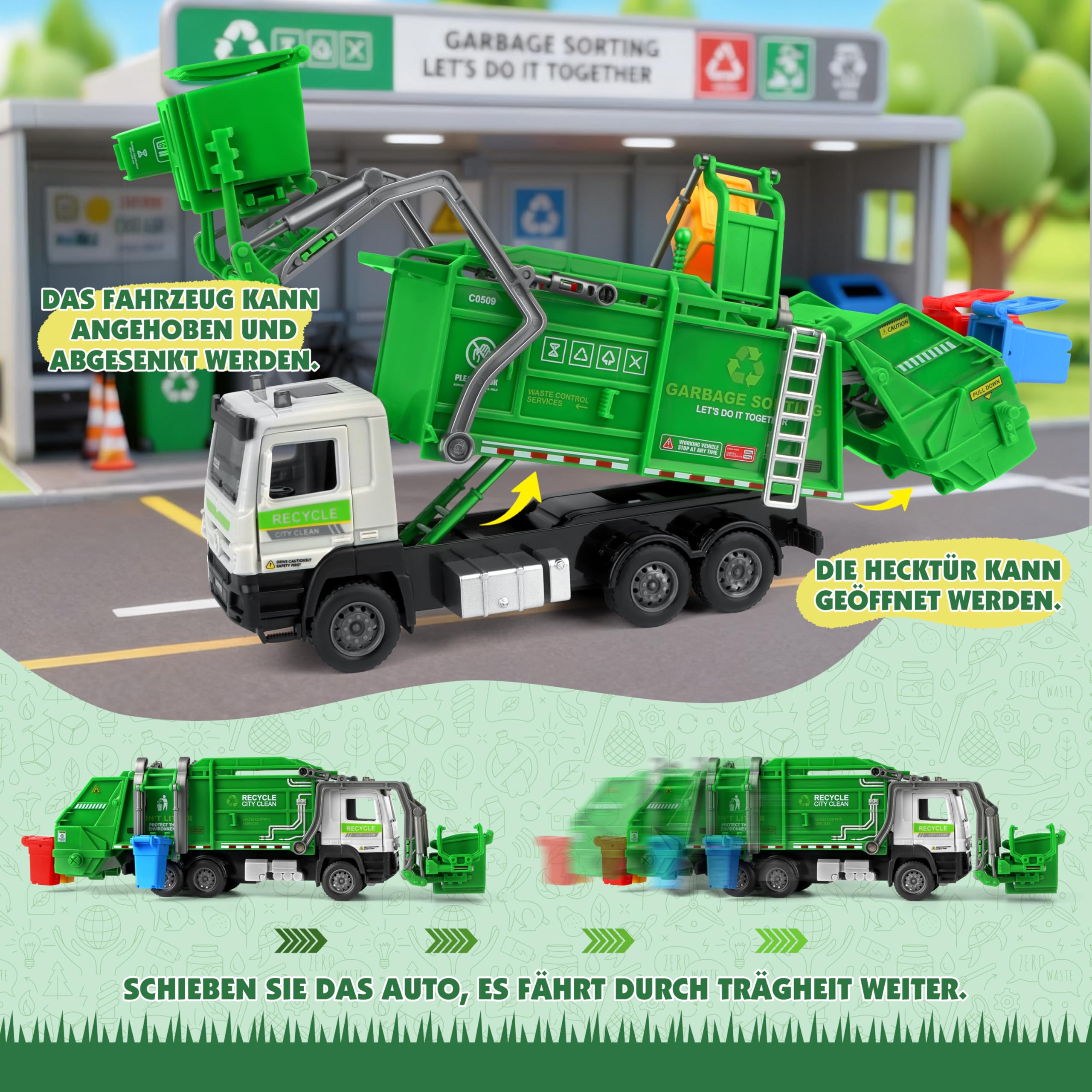 Charmofun Müllwagen Spielzeug, Müllauto Spielzeug mit 6 Mülleimer, 180 Müllkarten, Licht und Sounds, Müllabfuhr Auto Kinder Geschenk für ab 3 Jahren Jungen und Mädchen