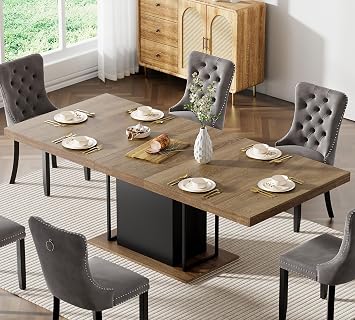 63-78.74 Extendable Dining Room Table for 4 6 8 10, Mid Century Modern Dining Table Kitchen Table with Sturdy Pedestal Base, Rectangular Expandable Dinner Table for Small Space, Dining Room,Black