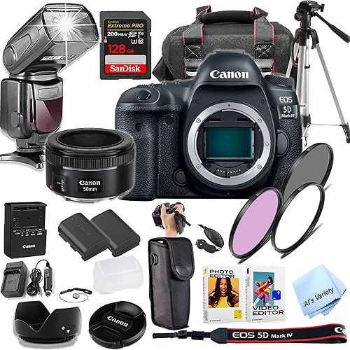 Canon EOS 5D Mark IV DSLR Camera with 50mm STM Prime Lens + TTL Spped Light Flash + 128GB Extreme Speed Memory, Filters, Case, Tripod + More (Pro Photo Bundle) (Renewed)