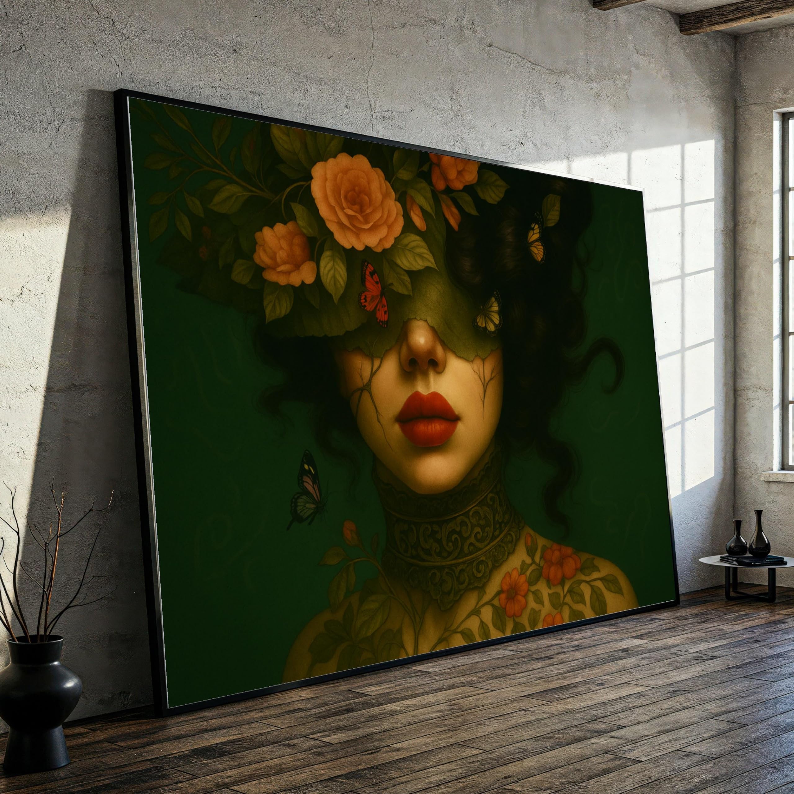 XBTYKPB Woman Canvas, Surreal Portrait Canvas Wall Art, Butterfly Canvas Roses Design, Nature Decor, Home Decor Posters Prints(80x120cm/Frameless)