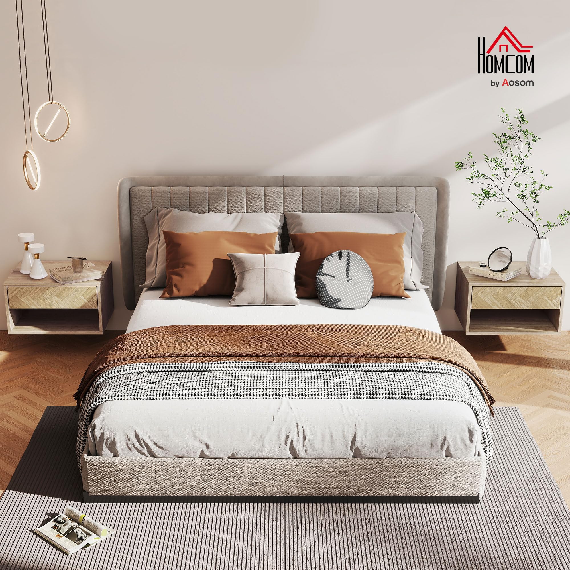 HOMCOM Lot de 2 Tables de Chevet murales, Tables de Nuit suspendues avec tiroir Coulissant, Compartiment Ouvert, Plateau, Style Moderne, 37 x 32 x 21 cm, Bois Naturel