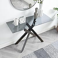 Vista 3 de Edwin's Choice Mesa consola de vidrio negro estrecha con parte superior de vidrio templado gris y patas tubulares de metal negro con borde dorado