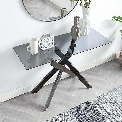 Miniatura 3 de Edwin's Choice Mesa consola de vidrio negro estrecha con parte superior de vidrio templado gris y patas tubulares de metal negro con borde dorado