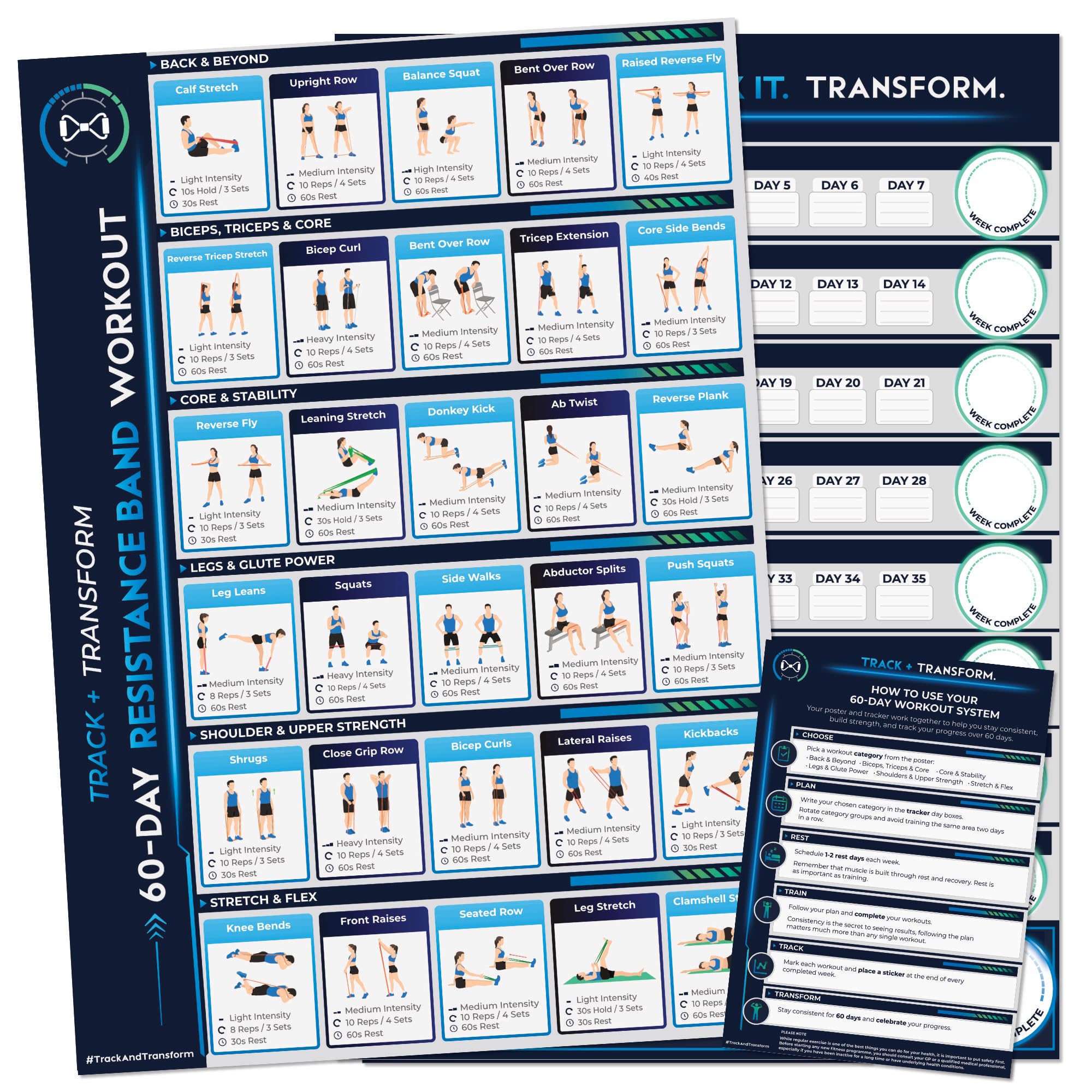 60-Day Resistance Band Workout Poster, Planner & Tracker Set. Exercise Guide + Progress Planner Tracker with Stickers. Home Gym Fitness Wall Chart. Large A2 Size (59.4 x 42cm).