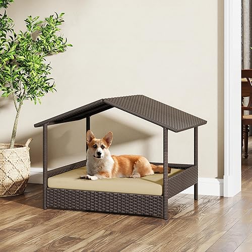 Miniatura 4 de Yaheetech Casa de mimbre para perros al aire libre e interior con toldo, cama elevada para perros con cojín para perros pequeñosmedianos, sombra