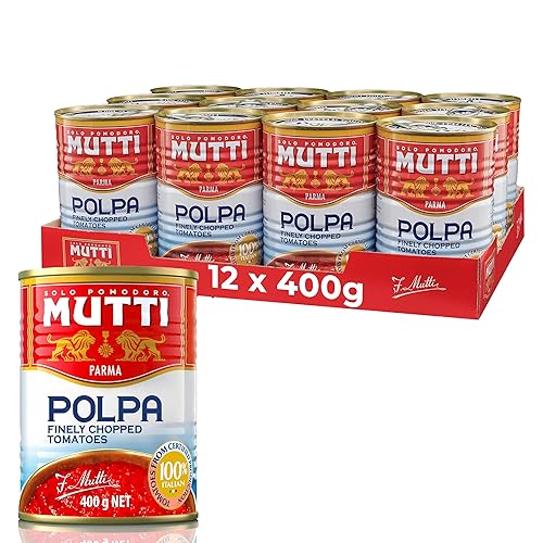 Vista 8 de Mutti Tomates finamente picados o triturados con albahaca (Polpa), 14 oz. Paquete de 12 Marca #1 de tomates de Italia Tomates enlatados