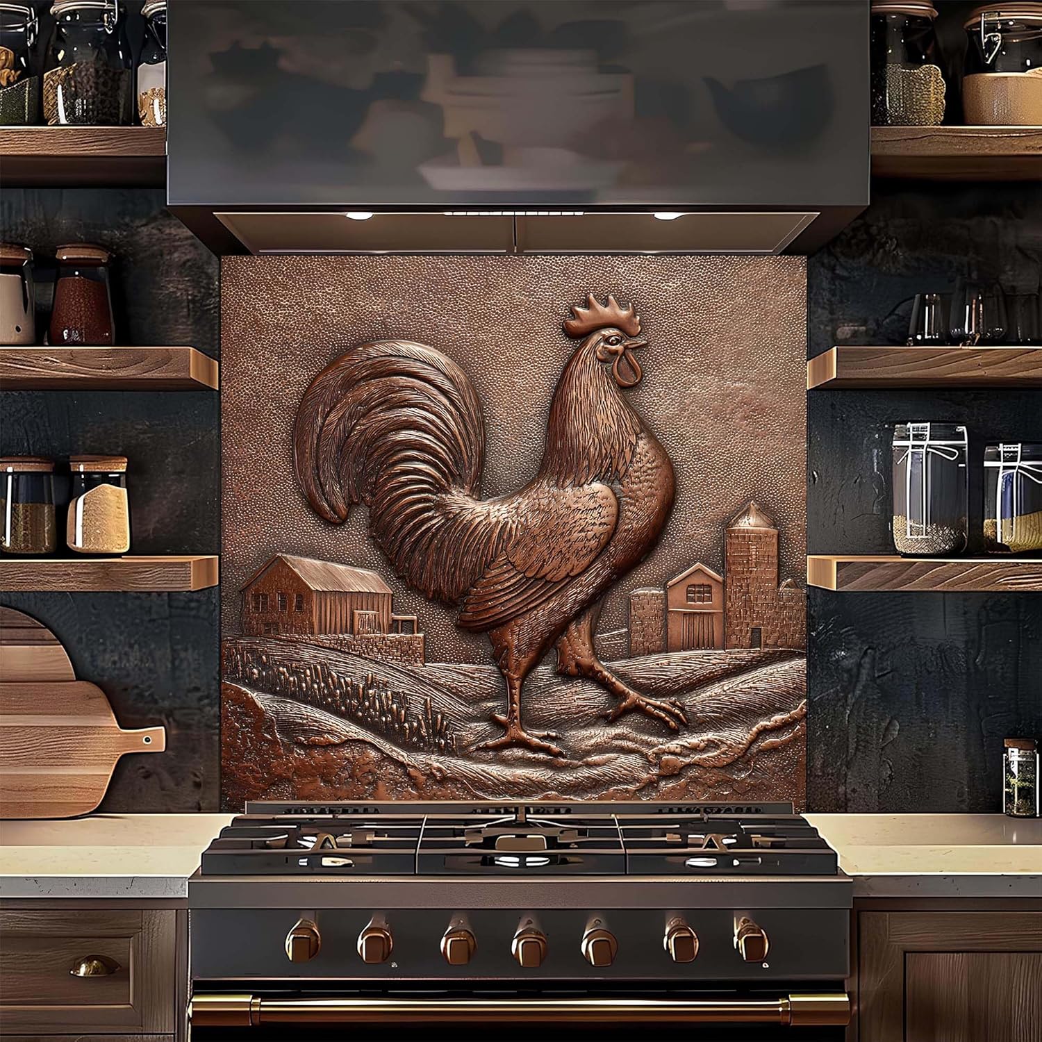 Tempered Glass Backsplash, Copper Look Rooster Glass Backsplash, Kitchen Backsplash Behind Stove, Backsplash for Kitchen Wall, Easy to Install Stove Splashback (Rooster-1)