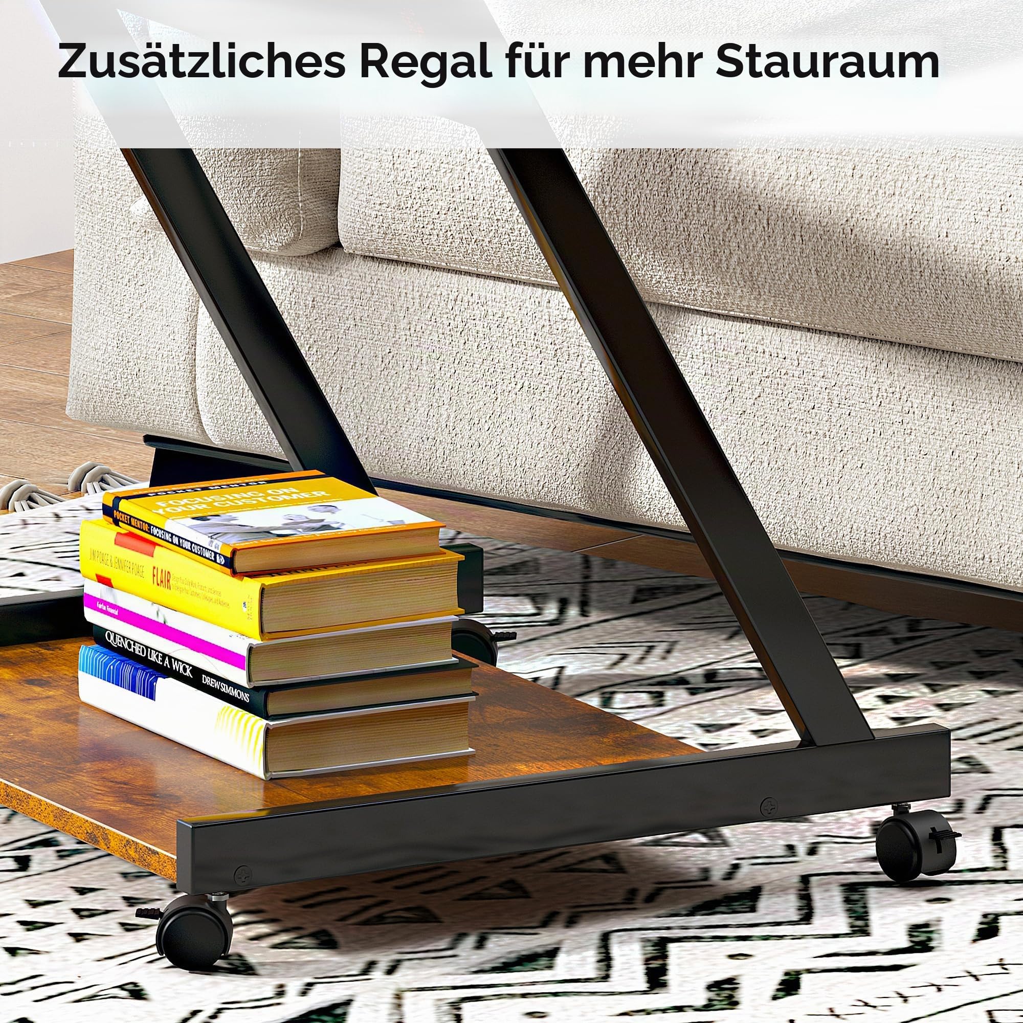 sogesfurniture mobiler Computertisch Schreibtisch in Z-Form, platzsparender PC Laptop Tisch Bürotisch mit 4 Rollen, leichtgängiger Tastaturauszug, Vintagebraun