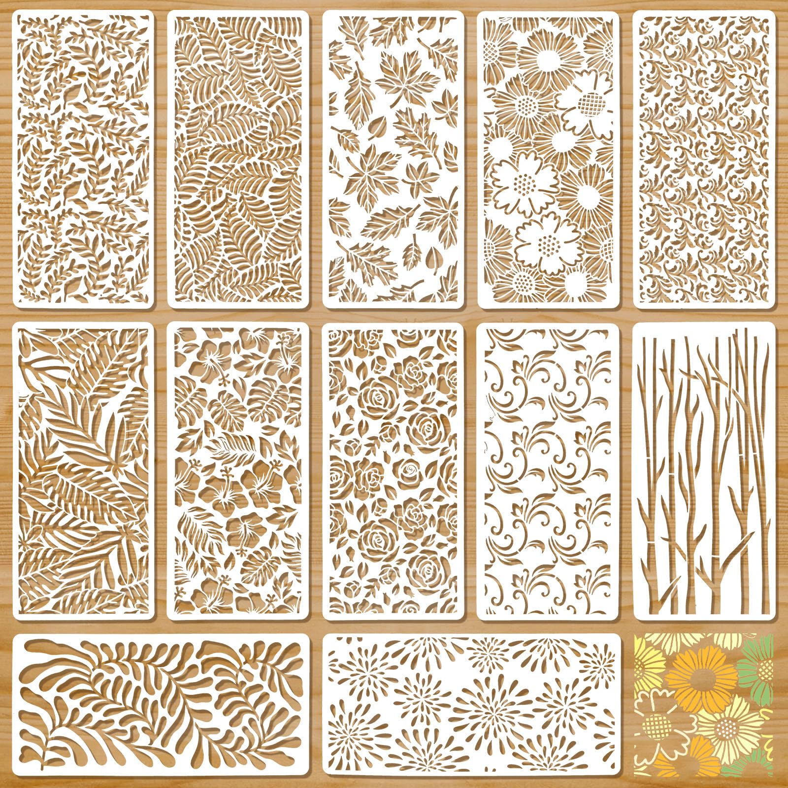 JSRQT 12Pcs Flowers Texture Layering Stencils, Small Leaves Decoration Template for DIY Art Craft, Plastic Reusable Furniture Floor Stencils Set for Canvas, Wood, Glass, Card Making, 8.6×4.1 inch