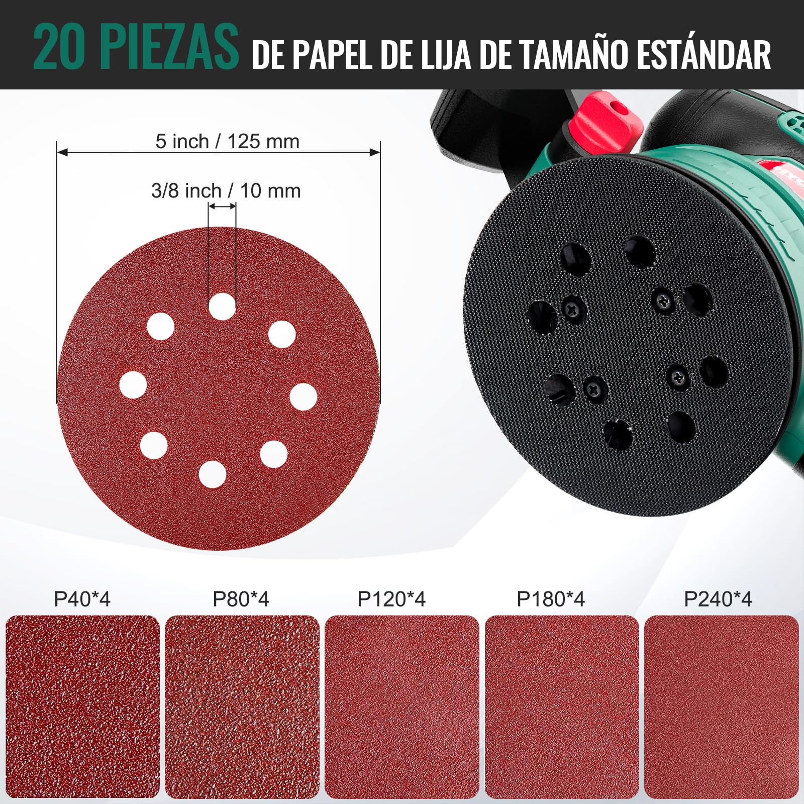 HYCHIKA 450W Lijadora Orbital, Seis velocidades de 6000-12000 OPM, eficiente sistema de recogida de polvo con 20PCS de papel de lija, ideal para el lijado de metal y madera