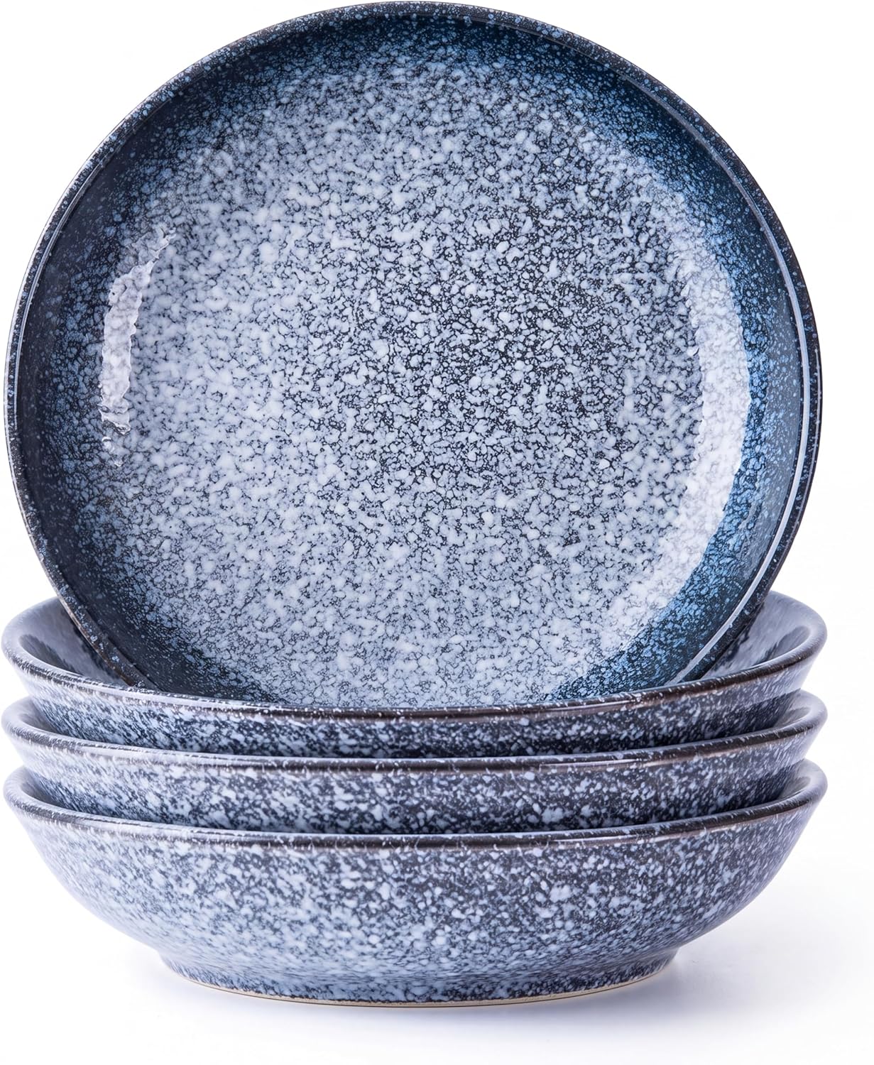 8 Inch Ceramic Pasta Bowls Set of 4, Wide Shallow Bowls for Pasta & Soup, Deep Plates for Dinner, Microwave Oven Dishwasher Safe Salad Bowls, Blue Mottled Stoneware Serving Bowls