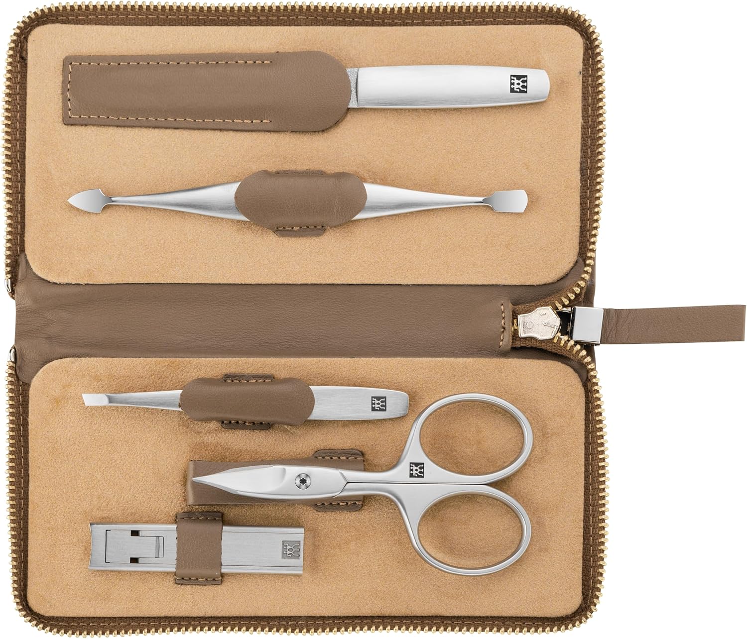 Zwilling Twinox Case Manicure Pedicure Cowhide Zip Care Set 5-Piece Taupe Nail Clippers, Skin Scissors, Tweezers, Nail File, Double Instrument, 97445-005-0