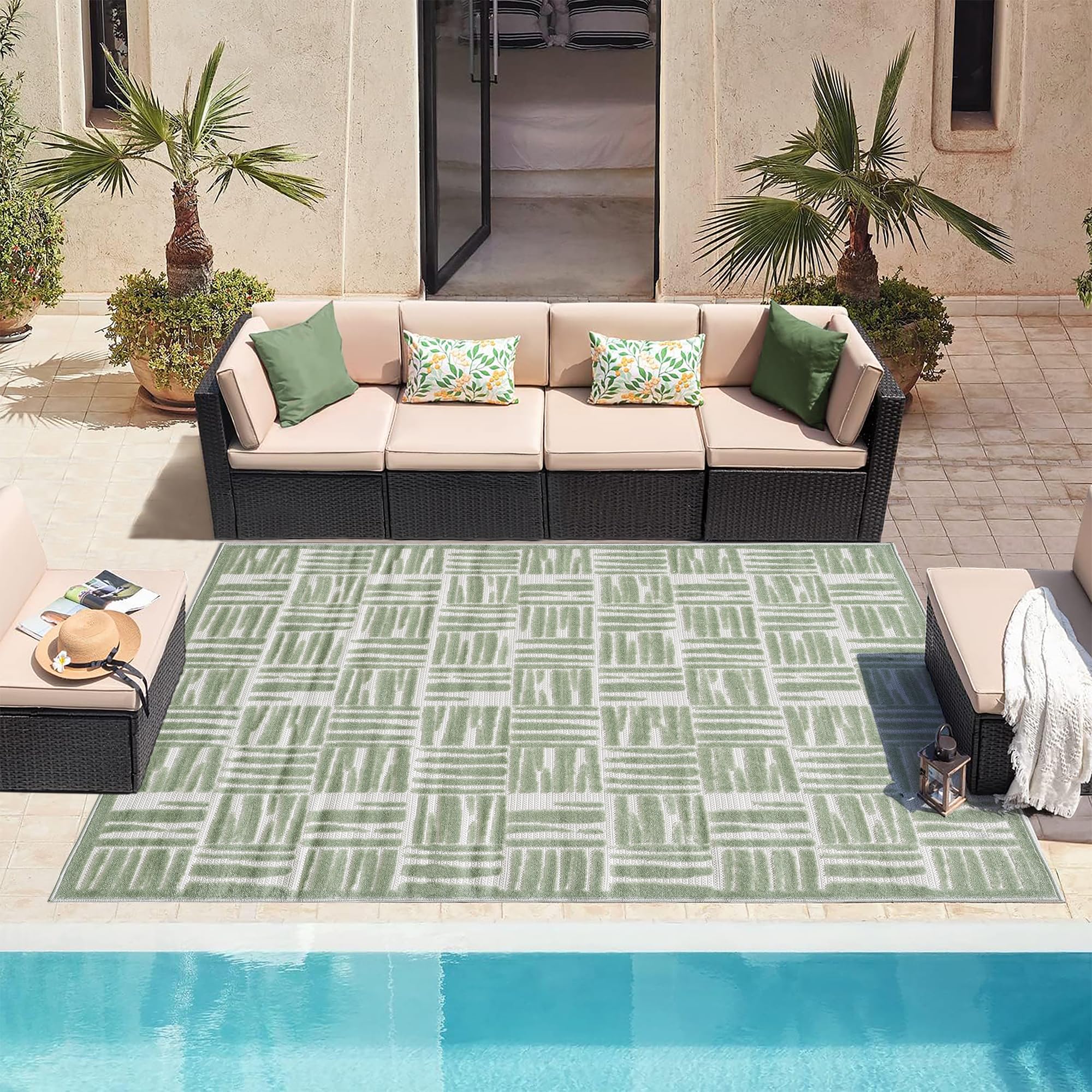 YUIlili Patio Outdoor Rug, 6x9 Green Striped Area Rug, Soft High-Low Pile Indoor Outdoor Carpet, Non-Shedding, Easy to Clean, Perfect for Veranda,
