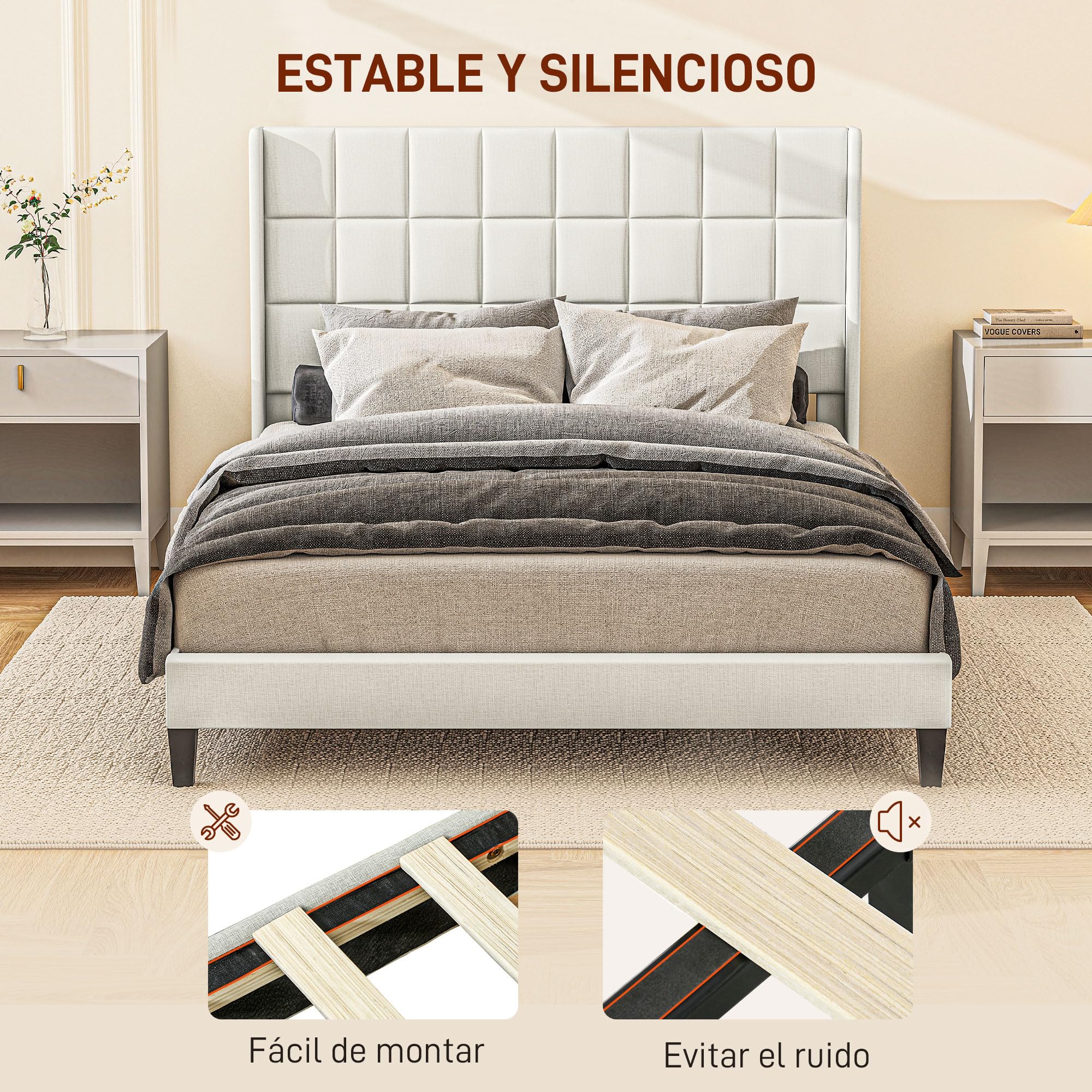 HOMCOM Cama 135x190 cm Estructura de Cama Somier con Cabecera Tapizada de Lino Sintético y Espacio de Almacenamiento Debajo de la Cama Carga 300 kg Beige