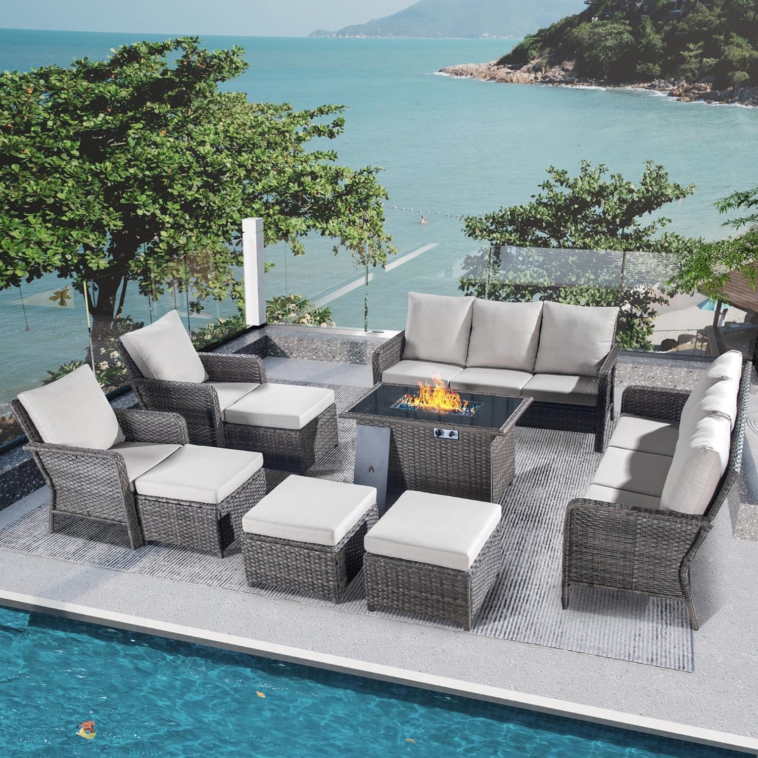 Yechen 9 Pieces Outdoor Patio Furniture, PE Rattan Wicker Conversation Set with 44 55000BTU Fire Pit Table Sectional Sofa Sets, Patio Conversation Sets for Yard, Pool, Beige Yechen 9 Pieces Outdoor Patio Furniture, PE Rattan Wicker Conversation Set with 44 55000BTU Fire Pit Table Sectional Sofa Sets, Patio Conversation Sets for Yard, Pool, Beige
