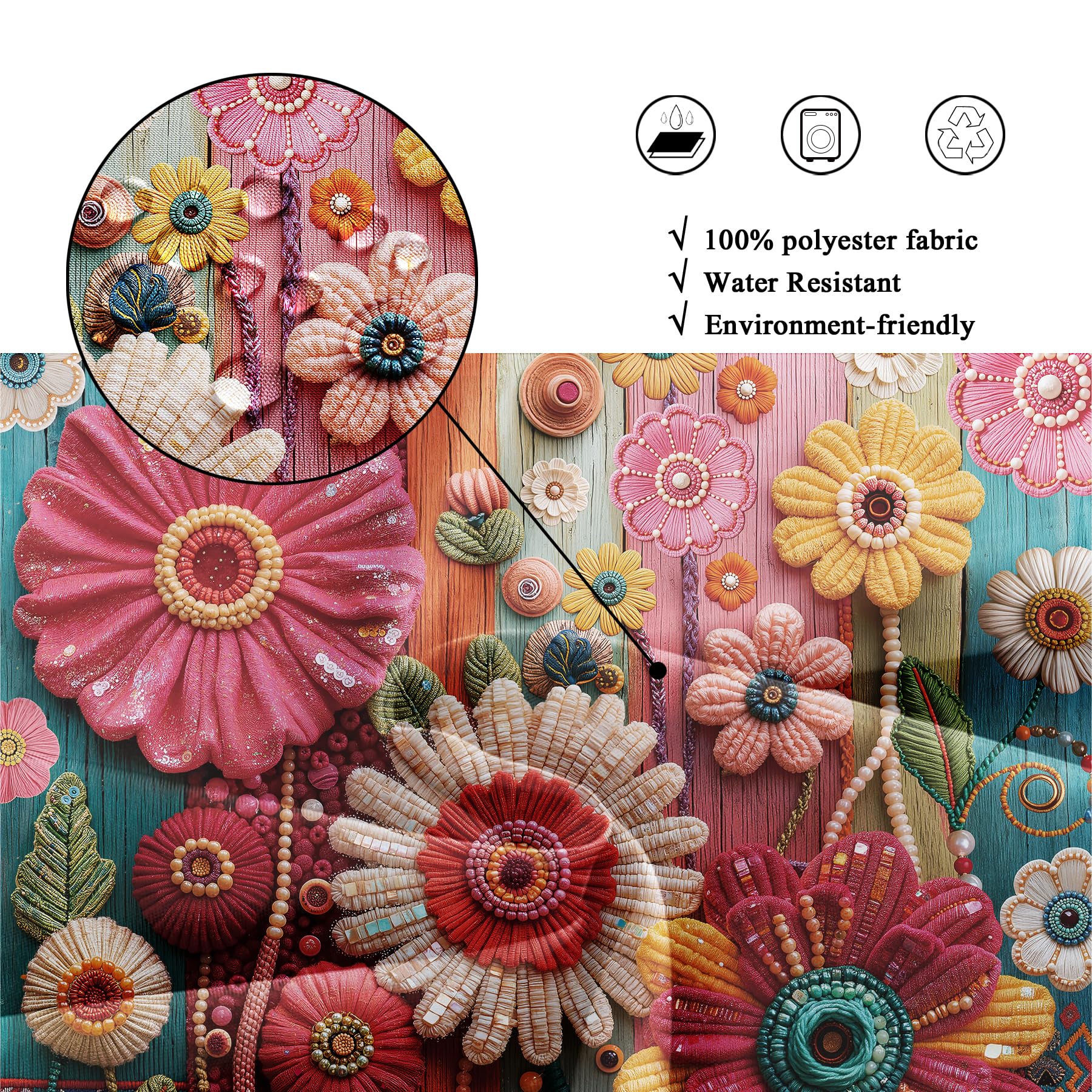 Riyidecor Colorful Floral Flower Boho Vintage Retro Pink Bathroom Shower Curtain — product photo