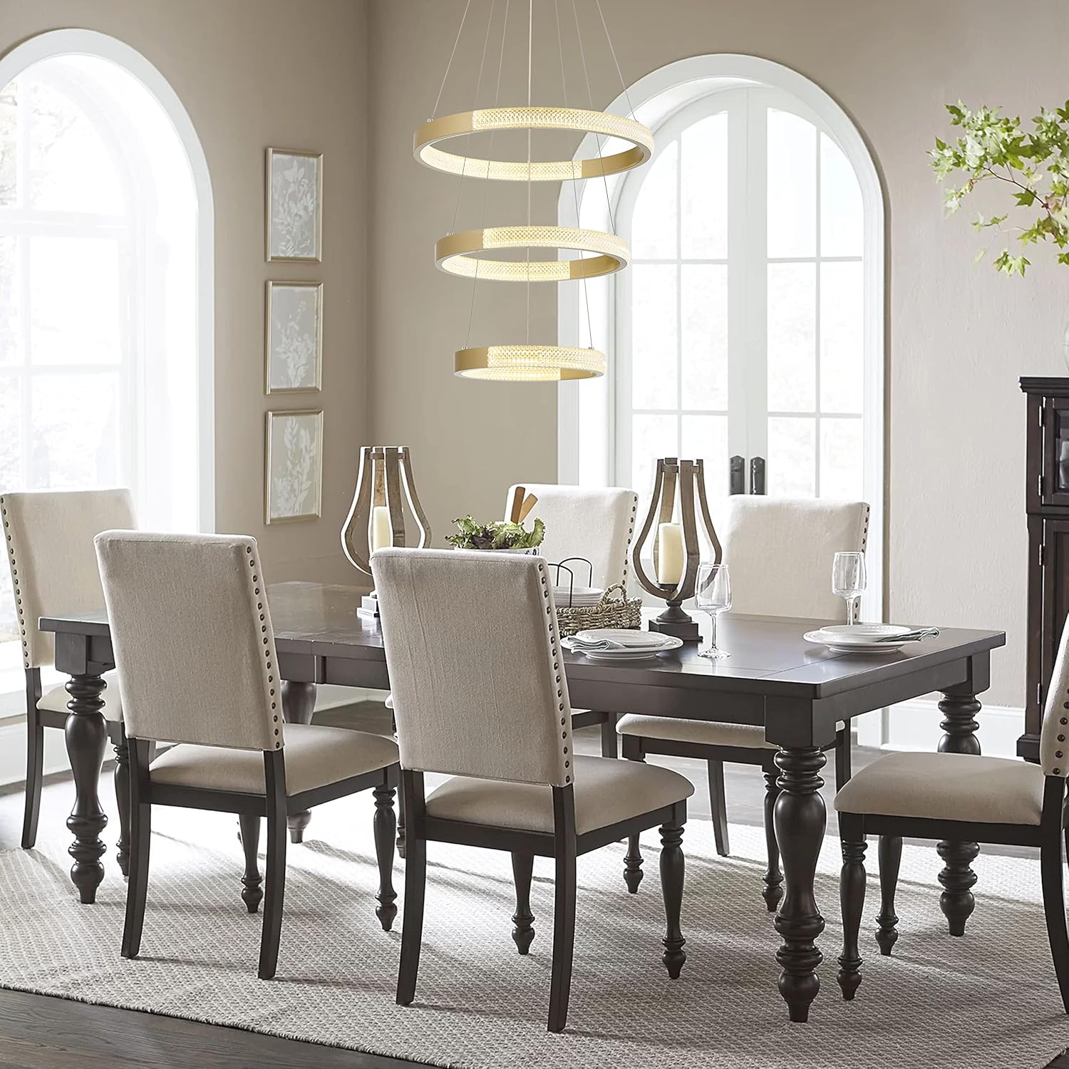 Vanity Art 3 Light Unique Tiered LED Chandelier Lighting | Modern Hanging Lights, Circular Ceiling Lights Fixtures for Dining Room Living Room Bedroom Kitchen (Gold) SYLED1013-BD