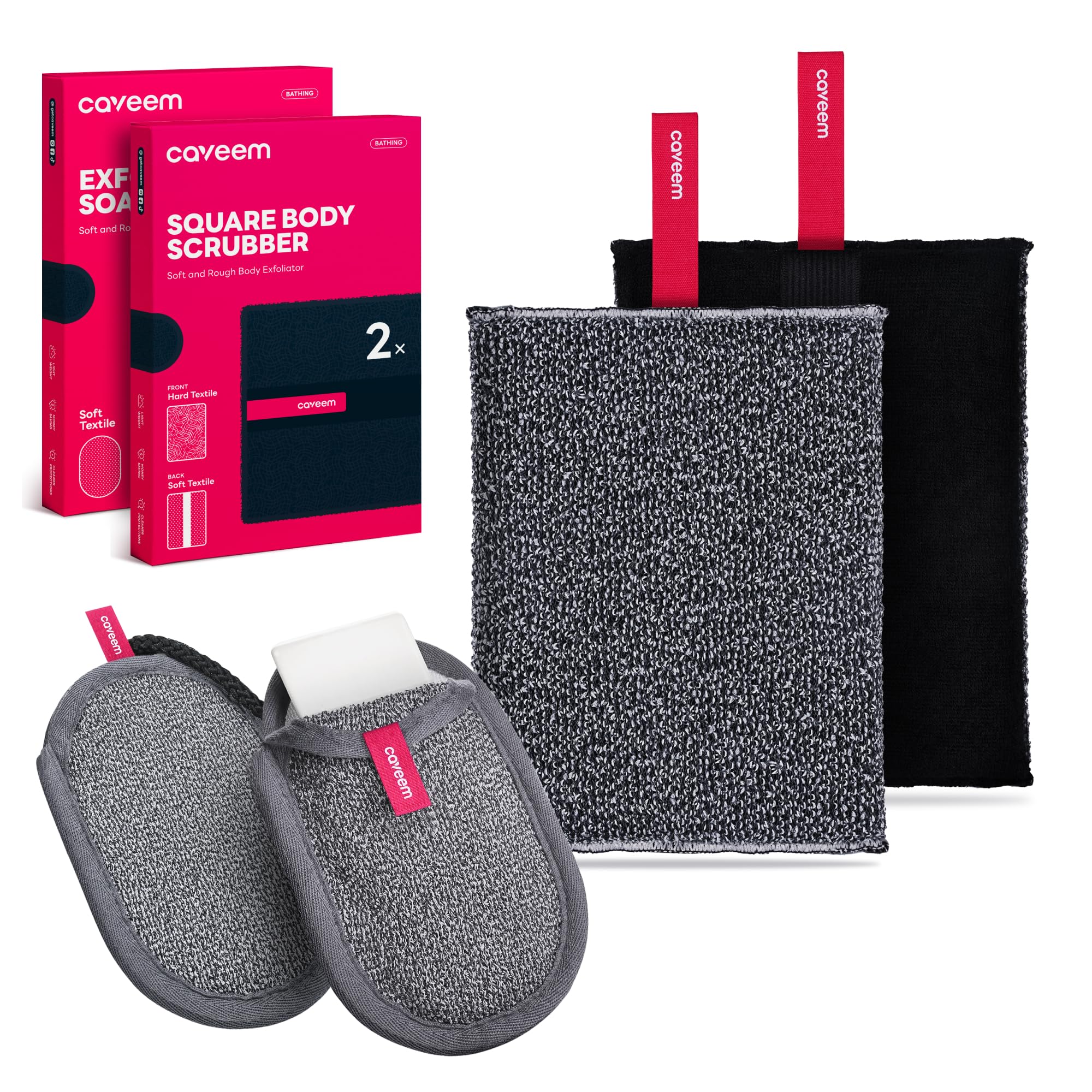 Caveem's Exfoliating Body Scrubber (2 Pack) & Softness Soap Bag (2 Pack) – Deep and Gentle Cleansing for Smooth Skin